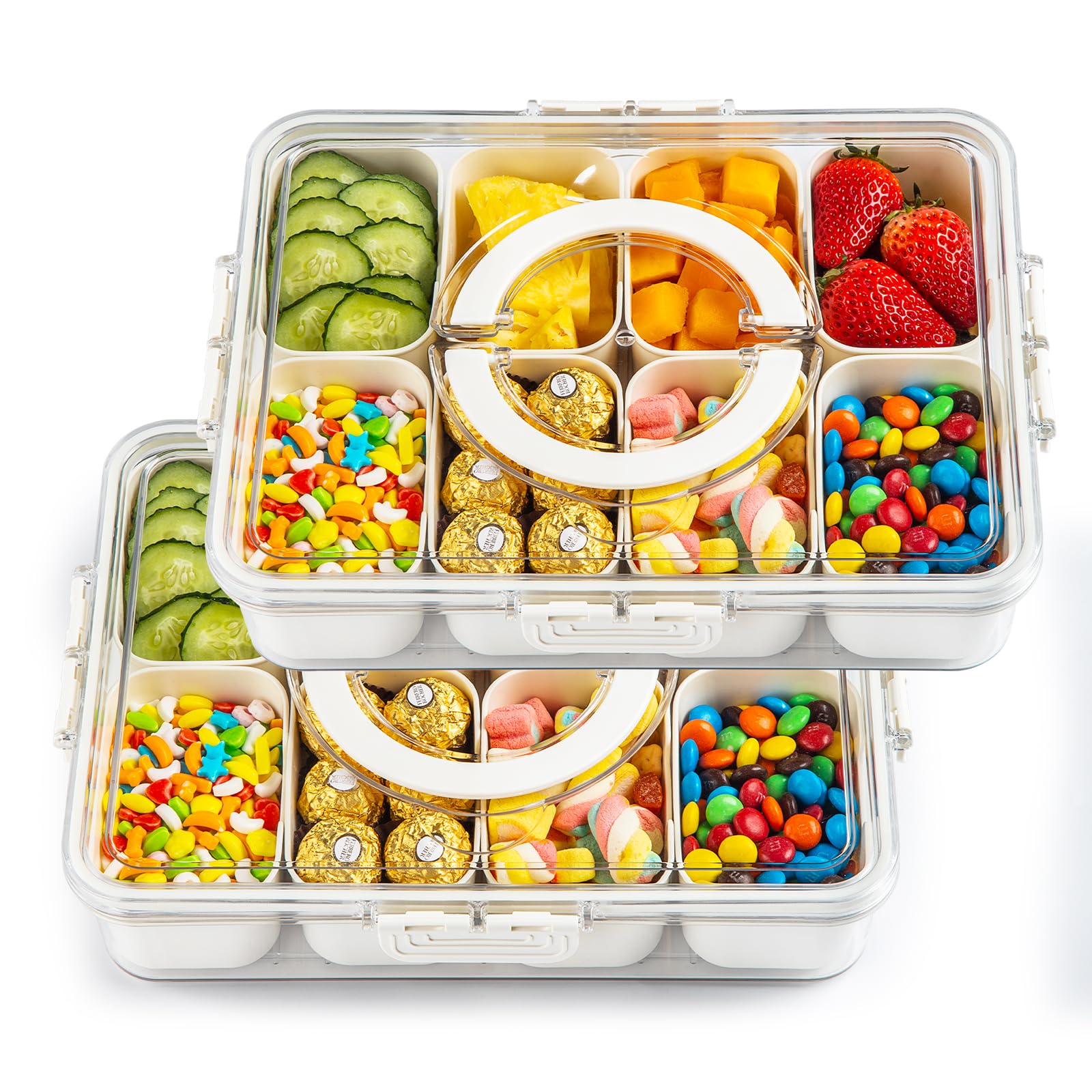 Divided Serving Tray Fresh-keeping Box with Lid&Handle,8 Compartments Snackle Box Charcuterie Container,Snack Box Container for Adults,Travel Snack Tray with Lid for Fruit,Vegetable,Candy,(2 Pack)