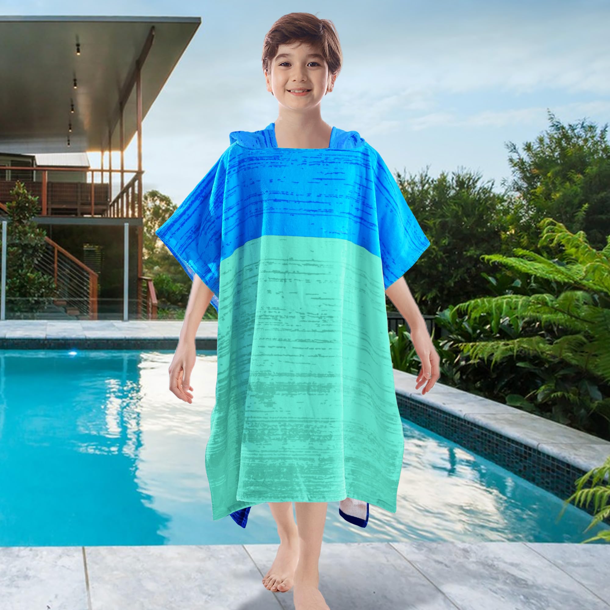 VOOVA & MOVAS Poncho-Handtuch für Jugendliche (8–16 Jahre), weiche, saugfähige Baumwolle, Kapuzenhandtuch, Bademantel, vielseitiger Strand-, Pool-, Schwimm- und Badevertuschung, Blau und Aquamarin