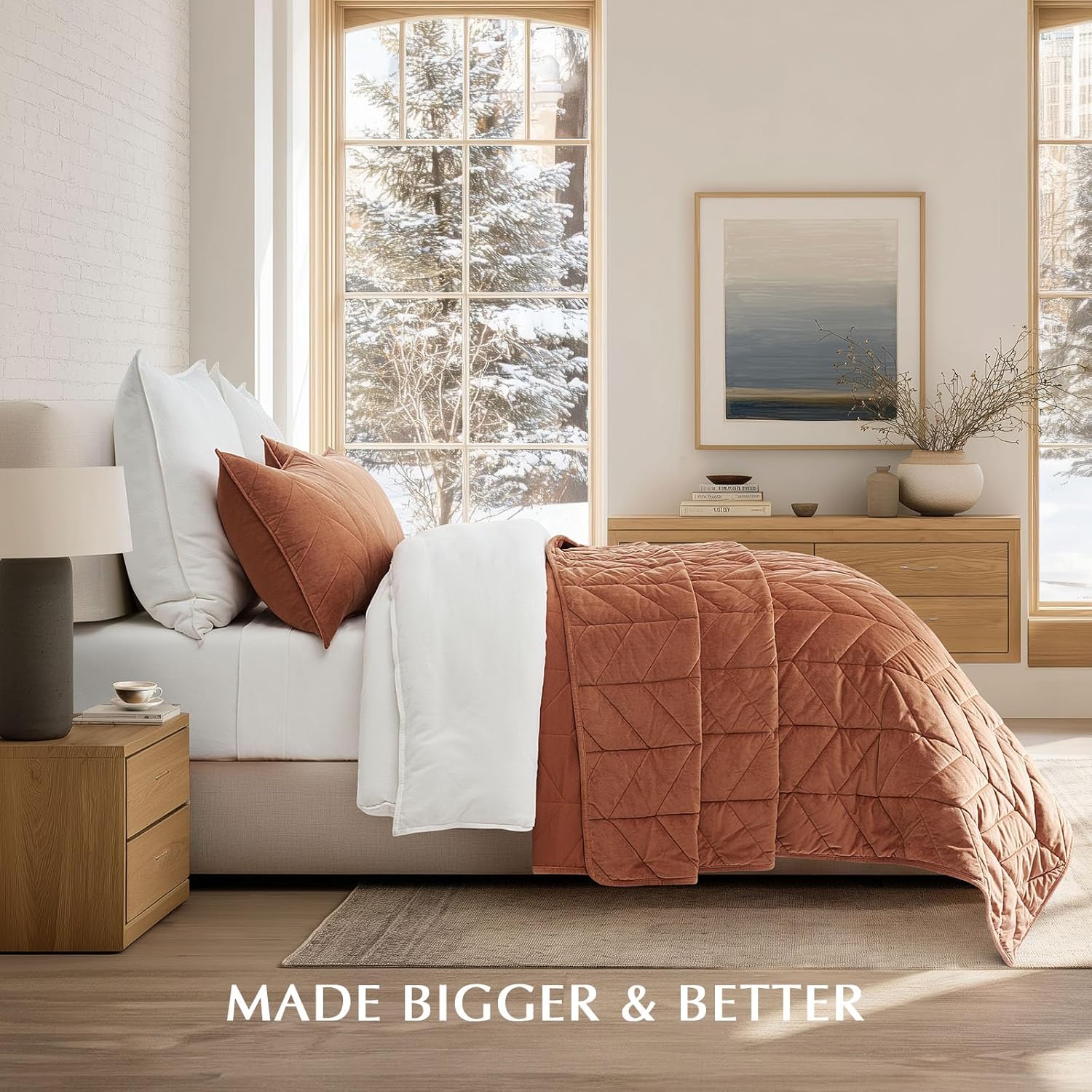 EVERGRACE 3 Pieces Luxurious Velvet King Quilts, Ultra Soft Lightweight Velvet Comforter Set, Matelasse Oversized Bedspread Coverlet for All Season with 2 Shams, Burnt Orange, 108"x96" - Image 4