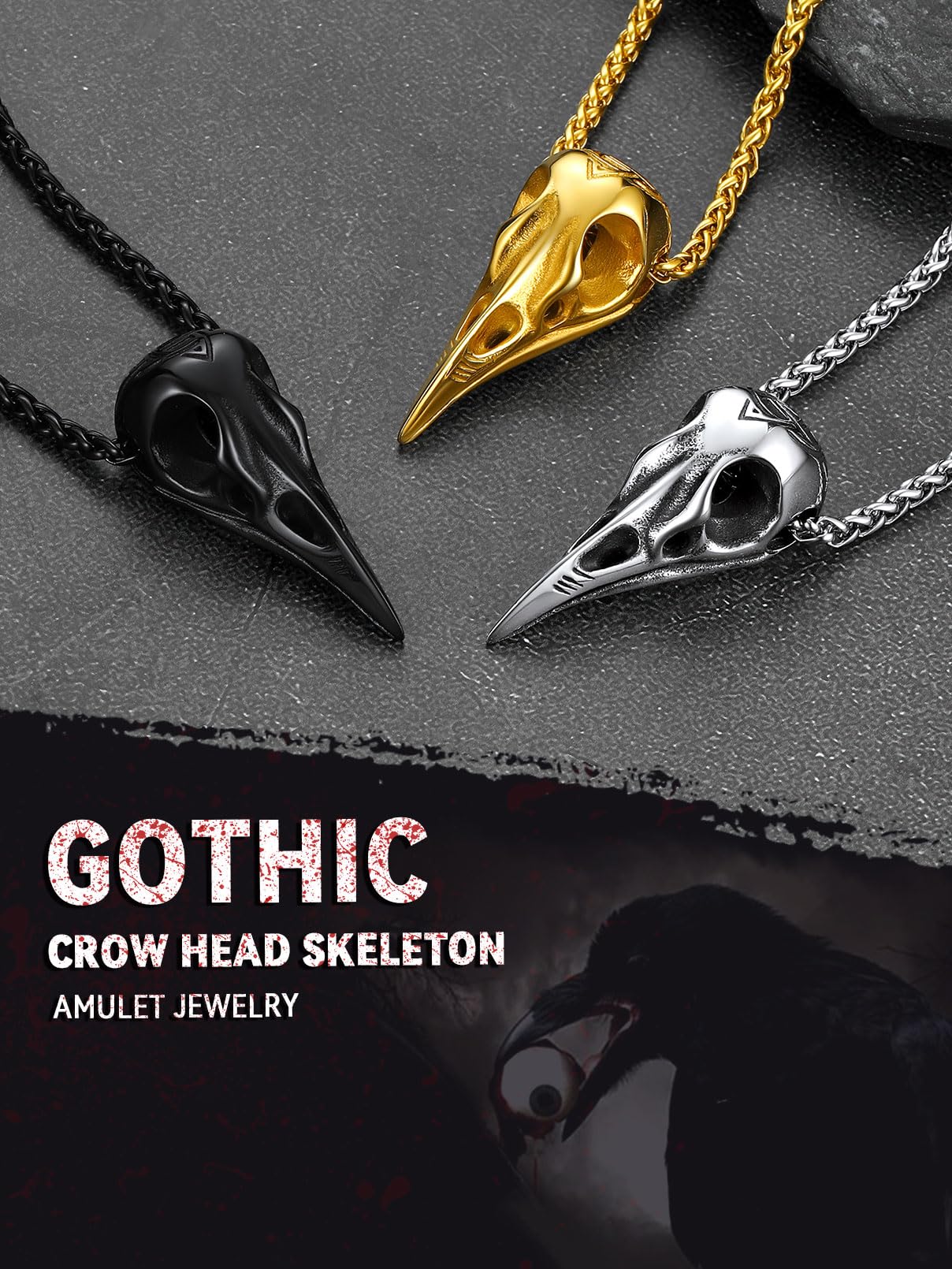 FaithHeart Viking Raven Necklace for Men, Norse Mythology Raven Skull Pendant Sturdy Stainless Steel Amulet Jewelry Gift for Men: Black Crow Skull