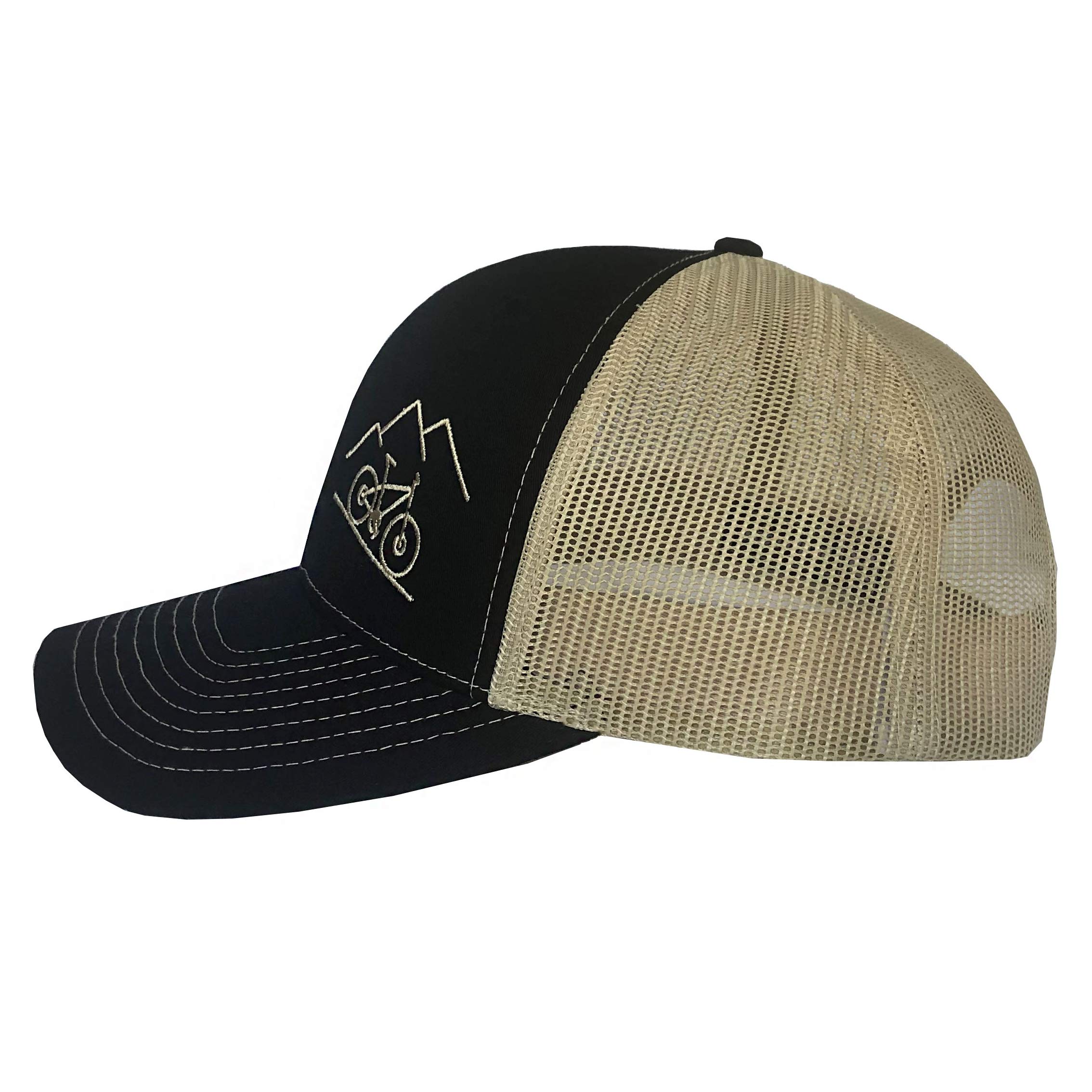 ThreadBound Outdoor Trucker Hat Snapback - Mountain Bike Design (Black/Desert Gold)