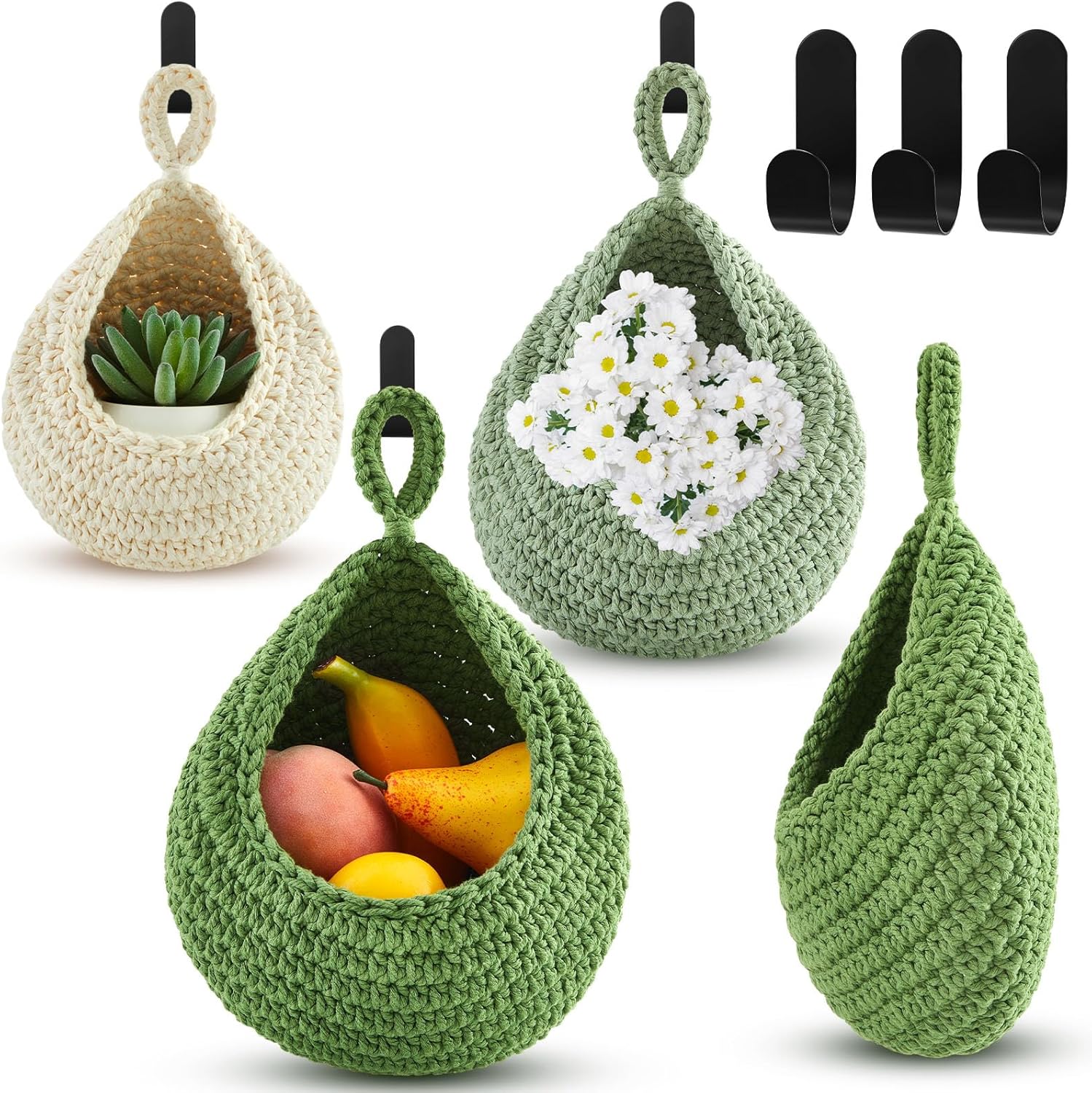 honeydak hanging wall basket teardrop hanging baskets onion basket coat bohemian storage fruit wall hooks for kitchen wall home restaurant storage vegetable, 3 sizes(sage green)