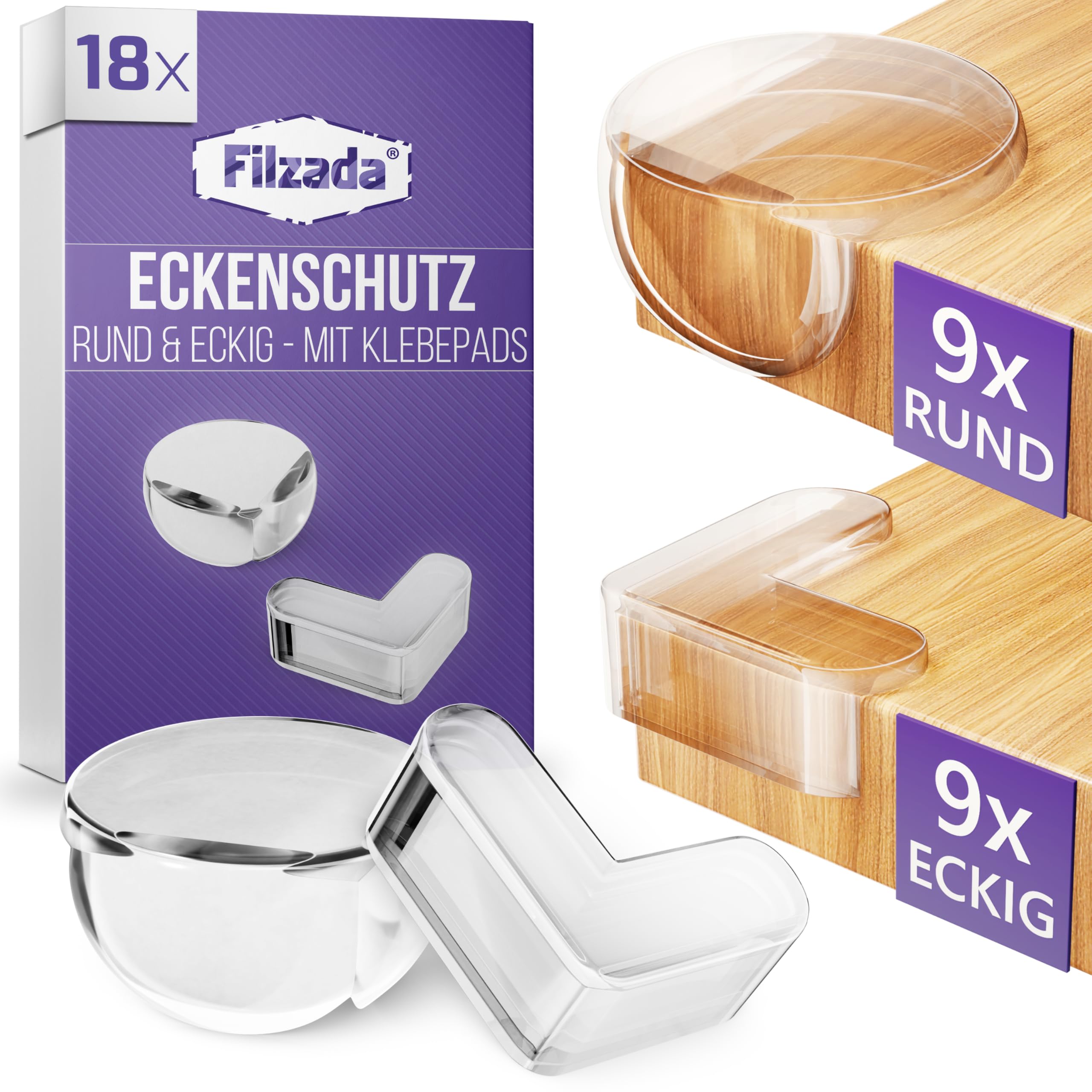 Filzada® 18x Kantenschutz Baby Rund & Eckig- Hochwertige Klebepads Für Sicherheit - Kantenschutz Selbstklebend - Kinder Eckenschutz - Eckschutzkanten Transparent - Eckenschutz Baby - Tischeckenschutz