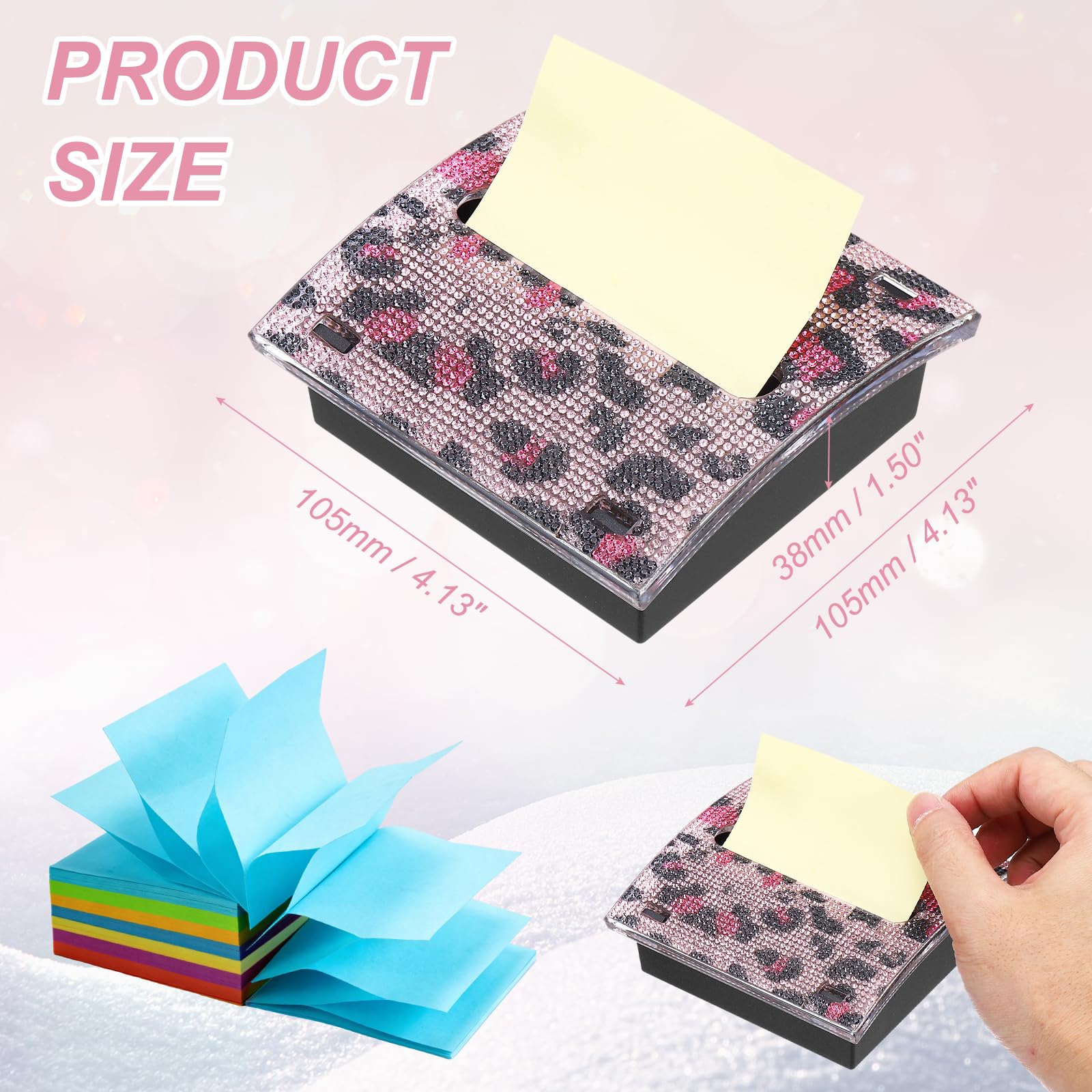PATIKIL Stick Note Pad Holders, 4 x 4 Inches Rhinestone Sticky Note Dispenser Memo Pad Holder Office Desk Organizer Supplies for Office Home Desk Organization, Pink Leopard - Image 2