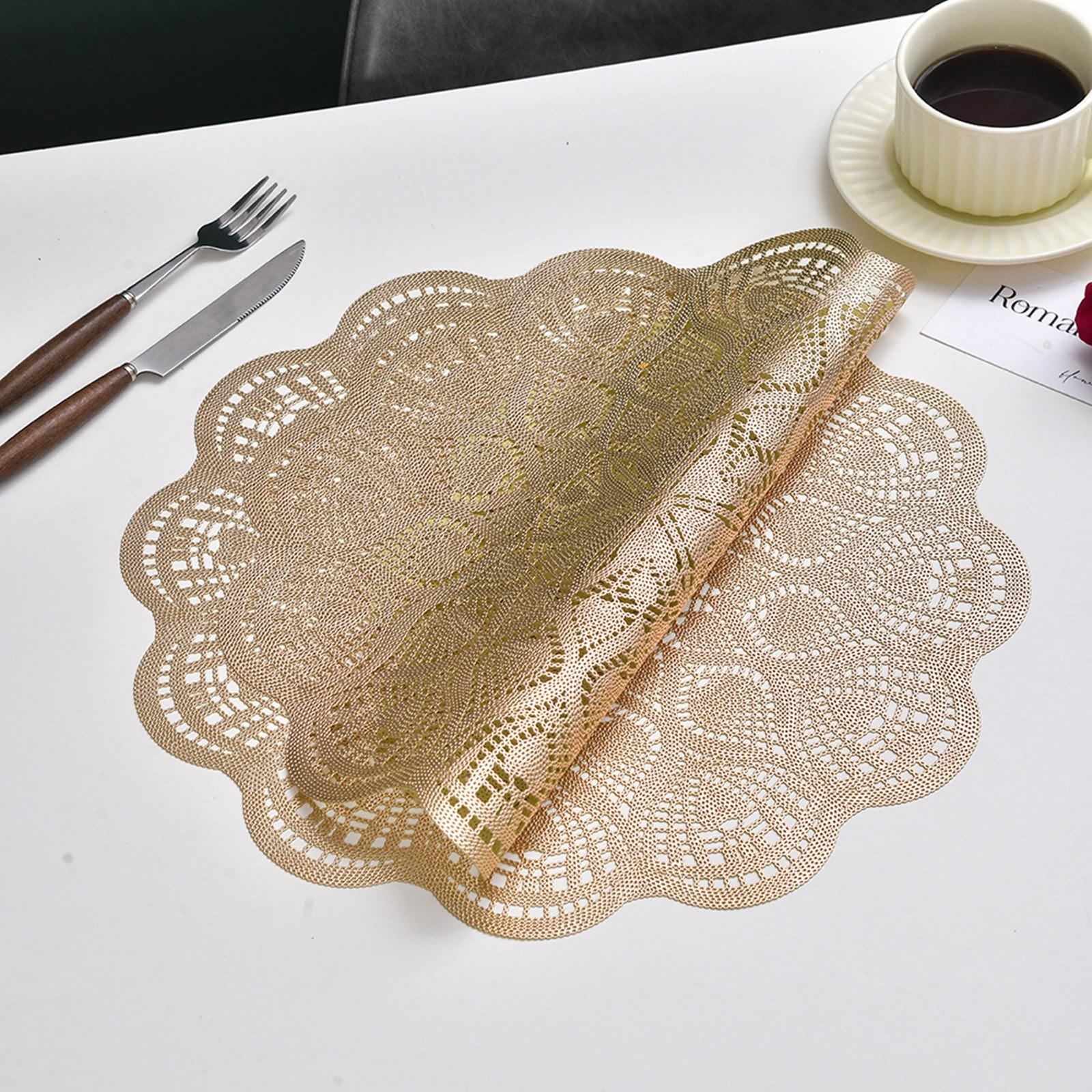 Salvamanteles lavables dorado, mantel individual desayuno vintage juego de 10 flores redondas cable PVC bajoplatos 38 cm
