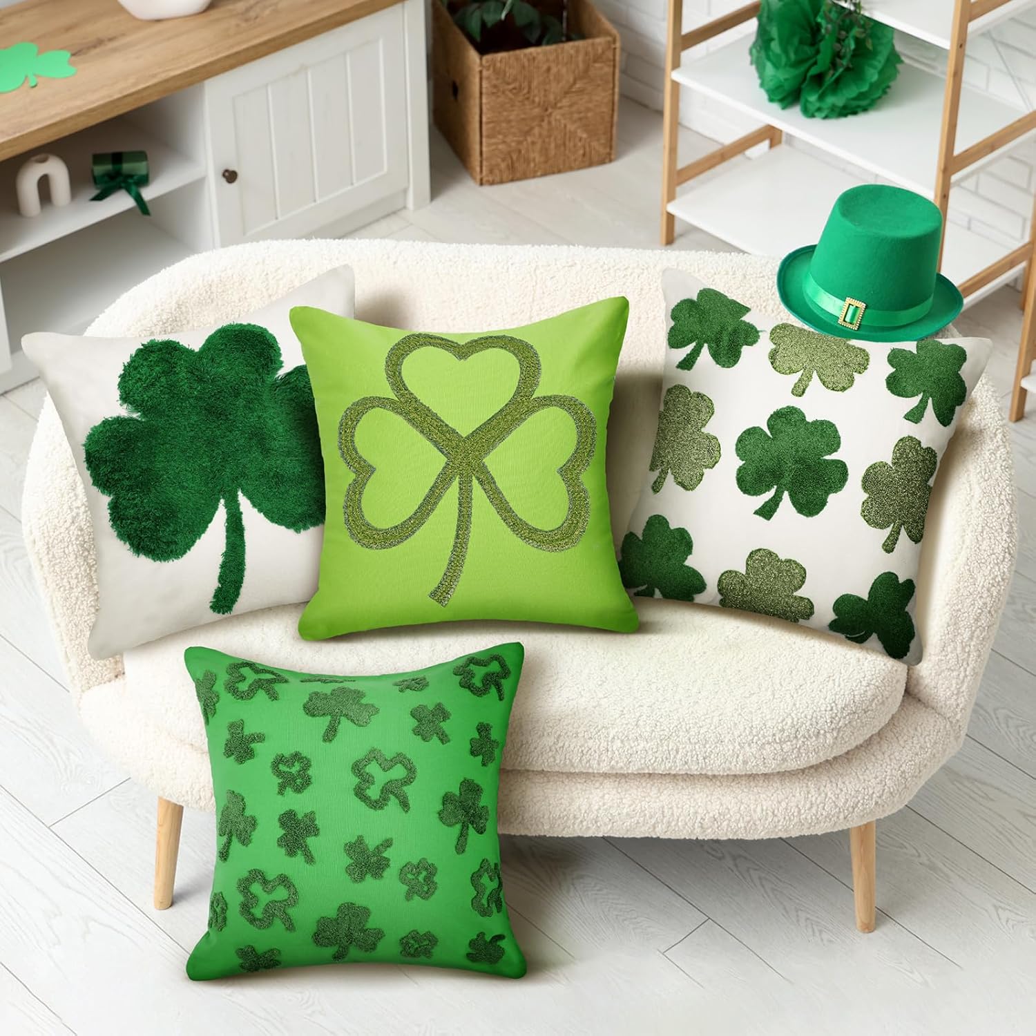 4 Pcs St Patrick's Day Pillow Covers 18x18 Inch St Patricks Day Shamrock Decorations Irish Shamrock Pillow Cases Green Soft Embroidery Cushion Covers for Irish Holiday Couch Sofa Bedroom Home Decor