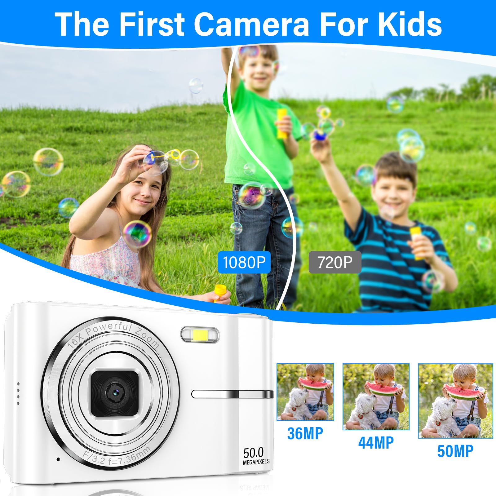 Macchina Fotografica Digitale 50MP 1080P FHD Fotocamera Digitale con Zoom Digitale 16X Ricaricabile Macchina Digitale Compatta con Scheda da 32GB per Bambini Studenti Principianti (Bianco)