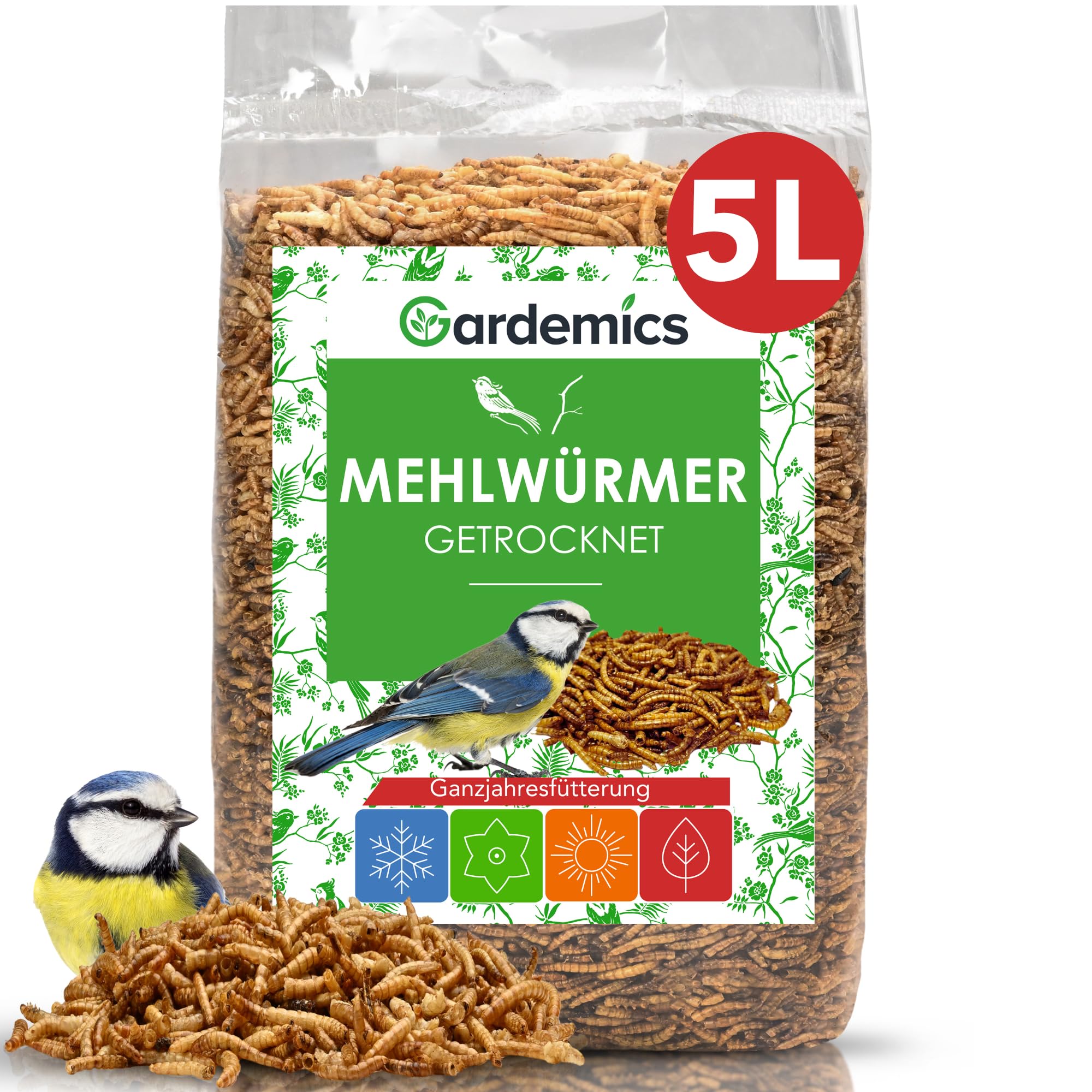 Gardemics Mehlwürmer getrocknet 5 Liter - 800g - Premium Insektenfutter für Vögel, Fische, Schildkröten, Nager, Igel, Reptilien, Vogelfutter Mehlwürmer getrocknet