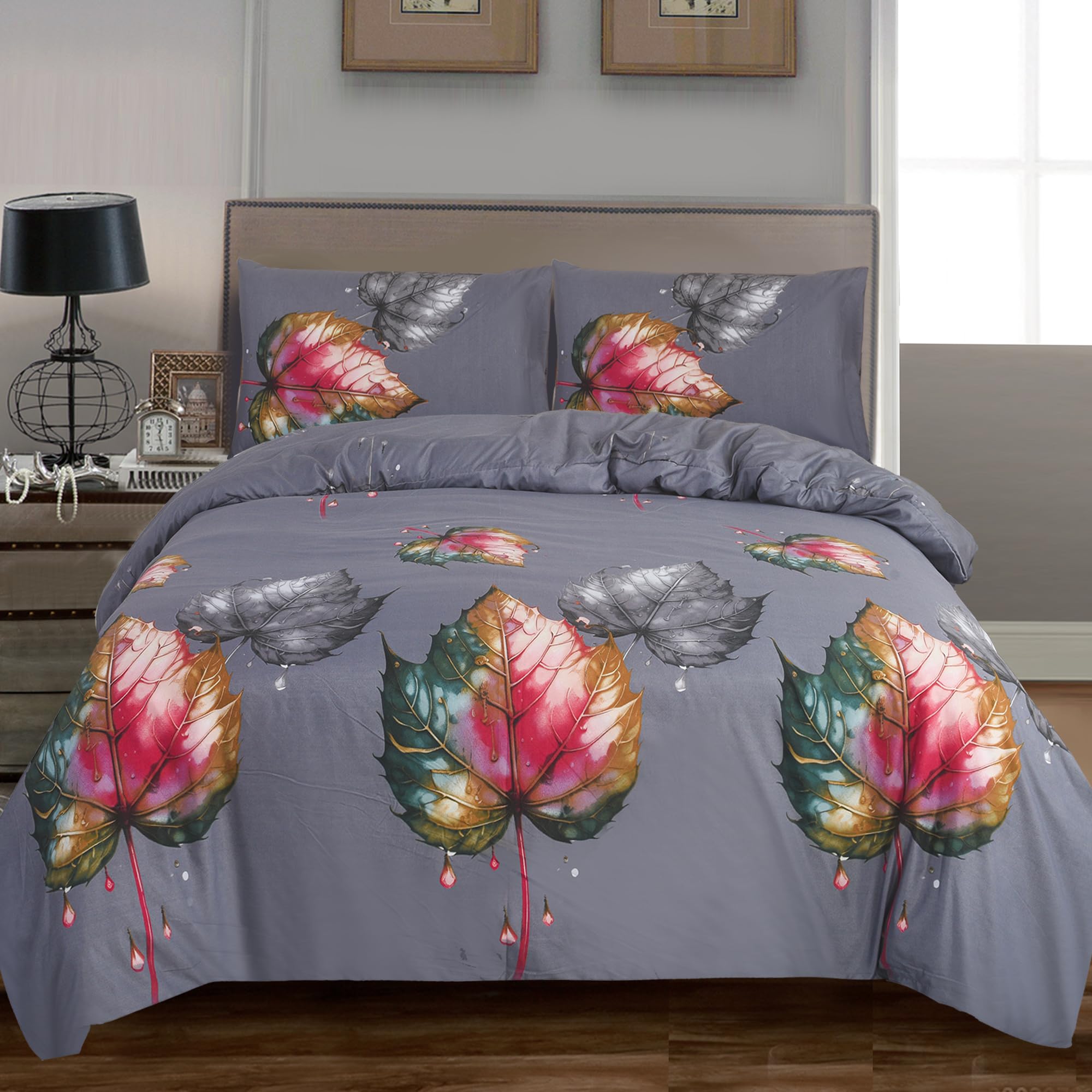 CHARKHAH 4 Piece Reversible Printed Bedding Set Includes 1 Duvet Cover, 1 Deep Fitted Sheet & 2 Pillowcases – Soft Microfibre Easy Care Quilt Cover Set for All Seasons (AUTUMN-TWILIGHT, Double) — image 1