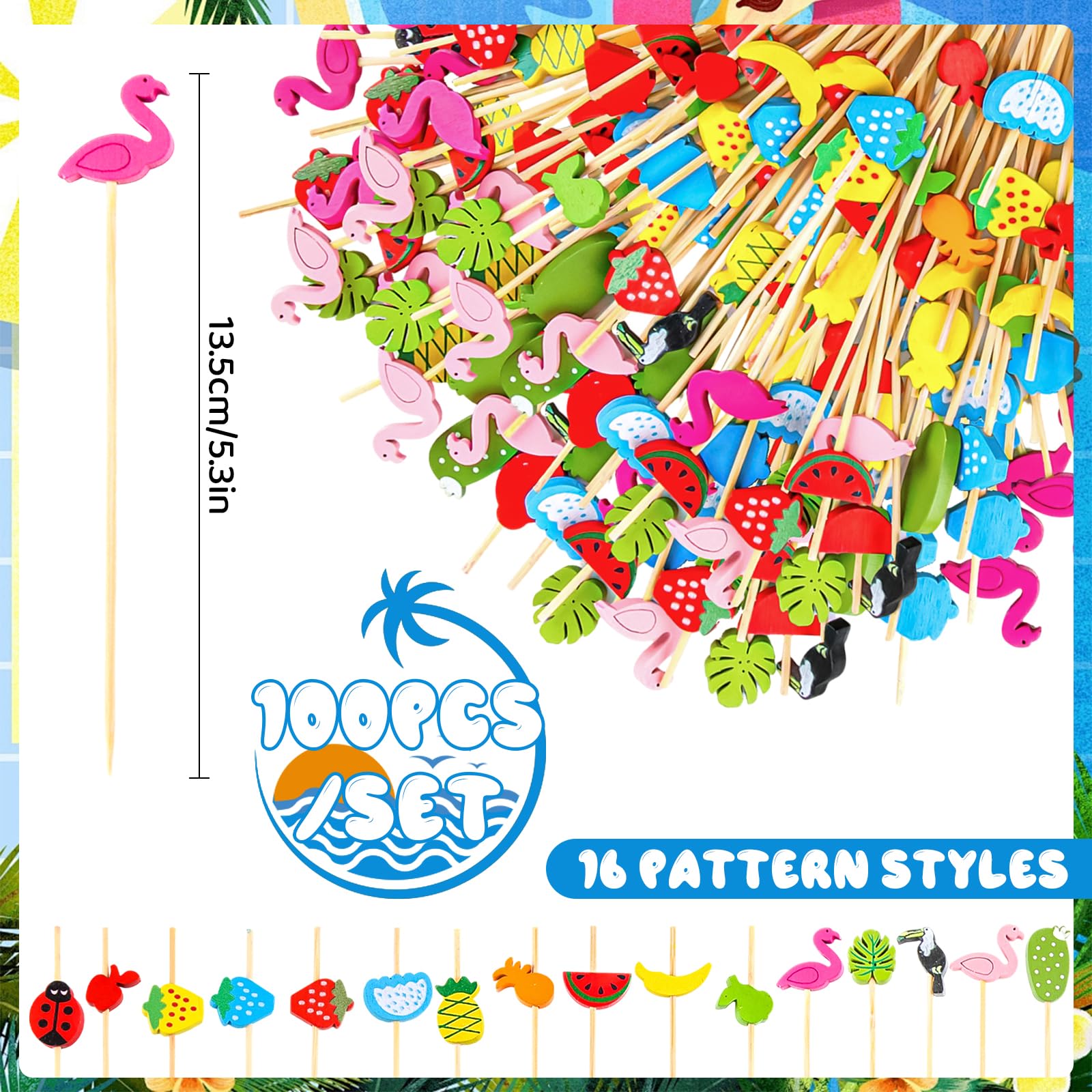 CIYIN 100 Pezzi Bastoncini Cocktail, Stecchini per Aperitivo, 12 cm Stuzzicadenti in Legno per Frutta con Motivo Tropicale, Stuzzicadenti Decorativi, per Antipasti Frutta Dessert