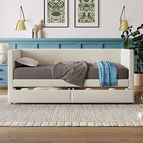 Miniatura 3 de Merax Sofá cama de pana de tamaño individual con dos cajones y listones de madera, marco de sofá cama para dormitorio, adolescentes, beige