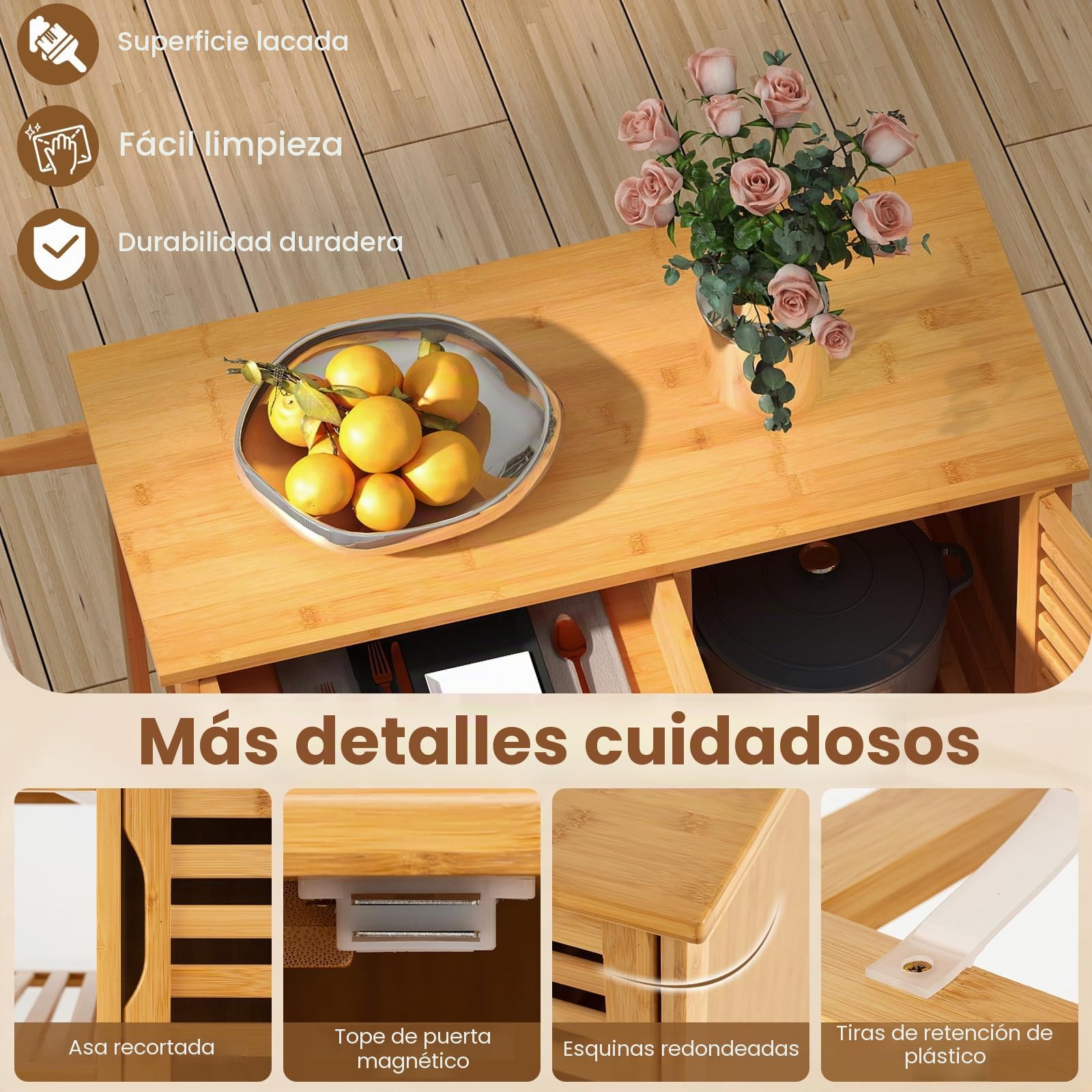 KOMFOTTEU Carrito de Cocina de Bambú, Carrito Auxiliar con Cajón, 3 Estantes Abiertos, Armario con Puerta, Toallero, Isla de Cocina con Ruedas Bloqueables, para Comedor, Bar, Natural | Isla de cocina natural con 3 estantes abiertos, armario de puerta y to
