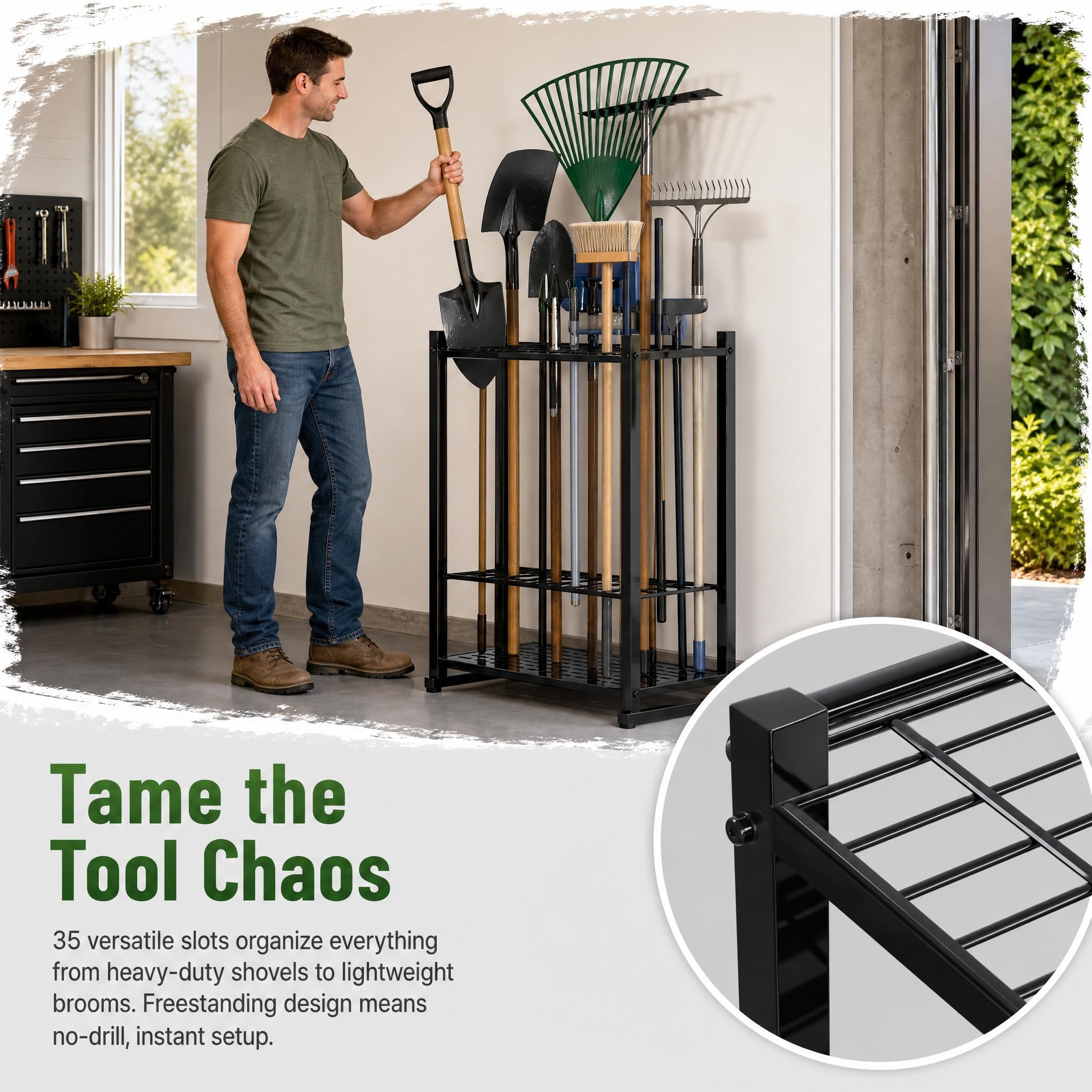 Supporto stabile per attrezzi da giardino, per fino a 35 attrezzi, robusto, nero, compatto, per garage, capanno da giardino, 43 x 30 x 74 cm