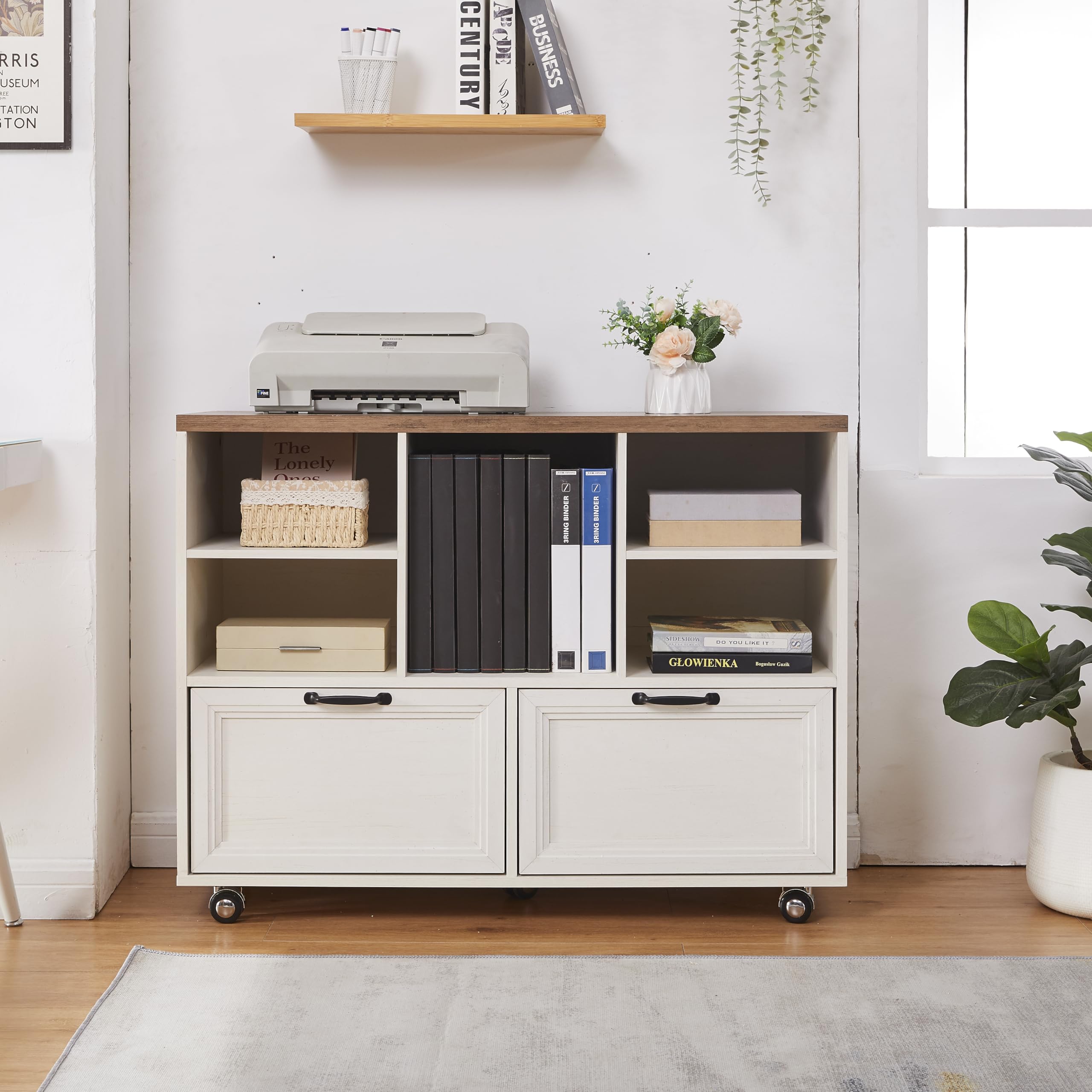 Zethvax 40" Farmhouse File Cabinet,Lateral File Cabinet with Wheels,Wood File Cabinet with shelve,Filing Cabinet with 2 Drawers for Legal/Letter/ A4