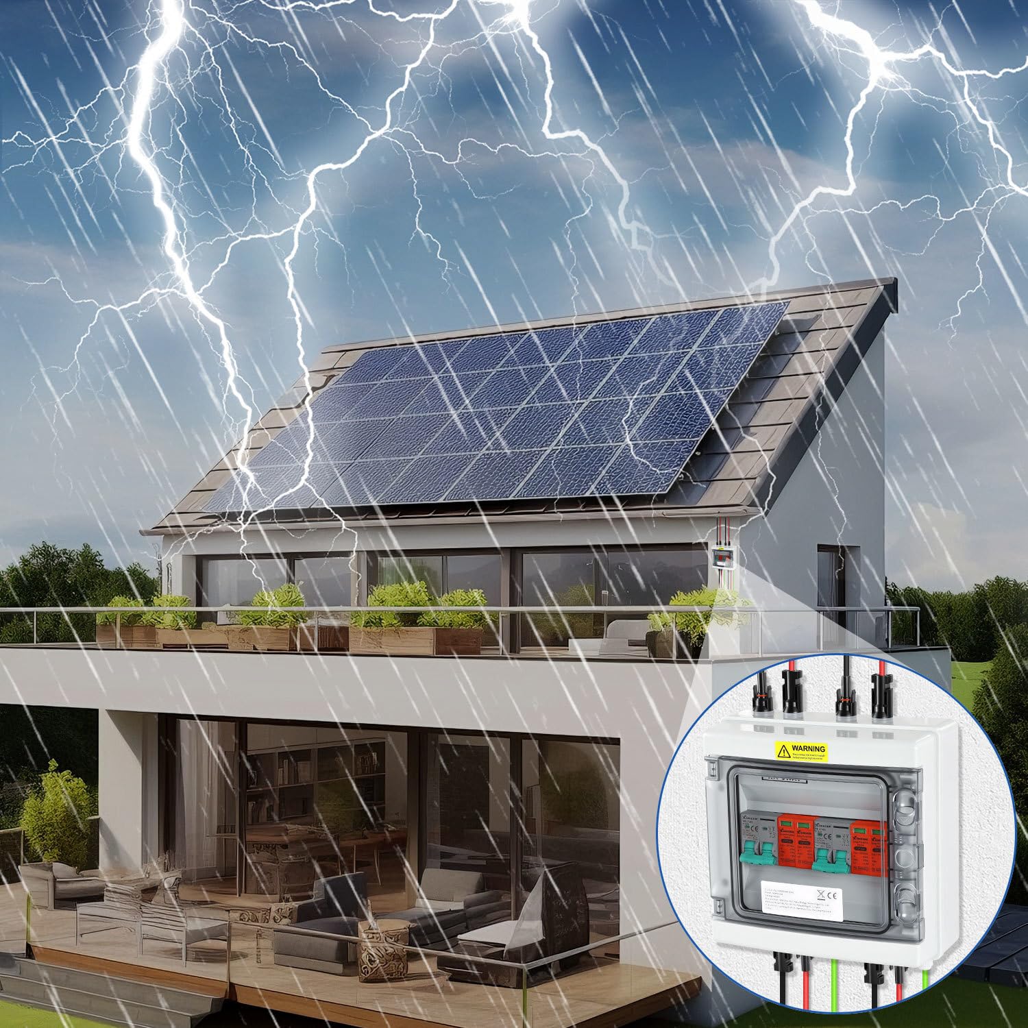 PV Combiner Box 2-String mit Überspannungsschutz und DC-Trennschalter, 1000V 32A, IP65 wetterfest, inkl. Solarstecker und Montagezubehör