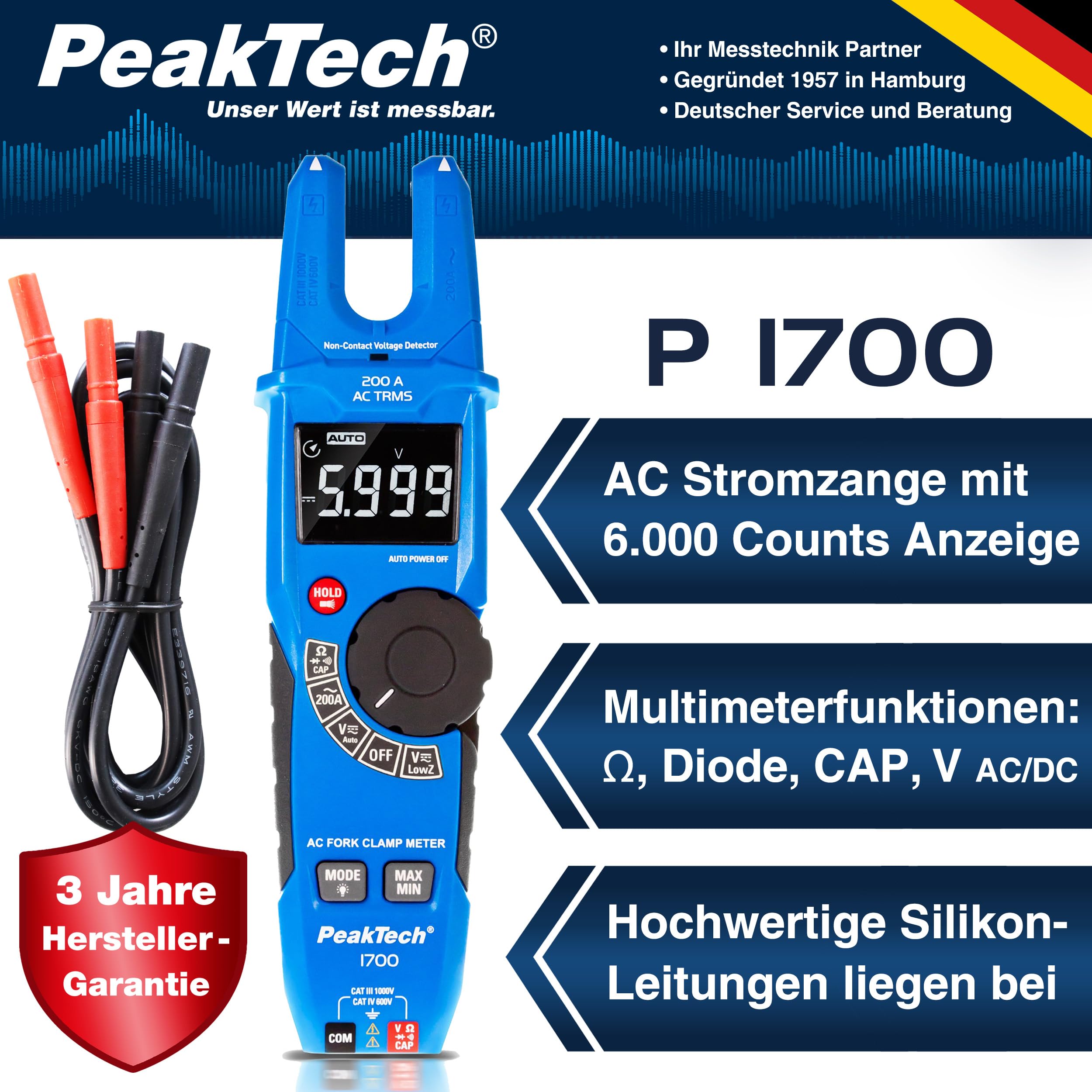 PeakTech P1700, Pinza amperometrica a vero valore efficace 200 A CA, Amperometro a pinza con display LCD, Pinza amperometrica aperta con rilevatore di tensione, voltmetro senza contatto