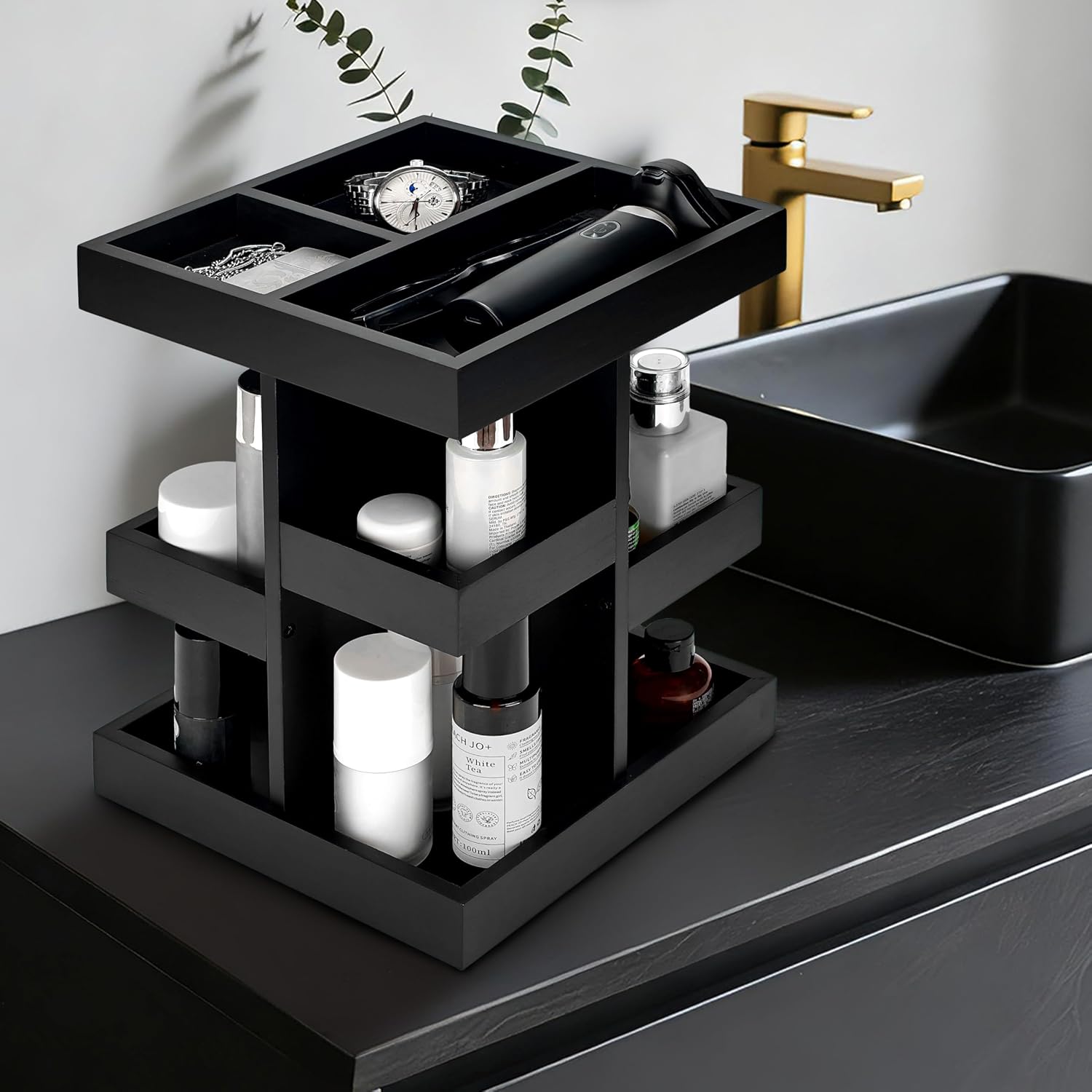 Cologne Organizer for Men, 3-Tier Wood Perfume Stand with Rotating Drawer, Large Capacity Storage for Desk Nightstand (Black)