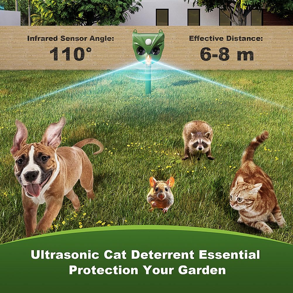 Repellente per Gatti, 5 Modalità Ultrasonico Solare Alimentato Animale Deterrente, Impermeabile Dissuasore per Gatti Ultrasuoni, Efficace Contro Cani, Uccelli