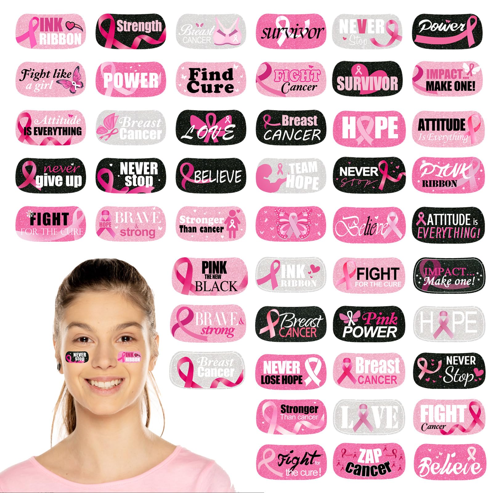 480 Pcs Breast Cancer Awareness Face Tattoos Bulk 48 Styles Pink Ribbon Temporary Tattoo Glitter Decals Eye Body Waterproof Tattoo Stickers for Breast Cancer Awareness Party Supply for Women