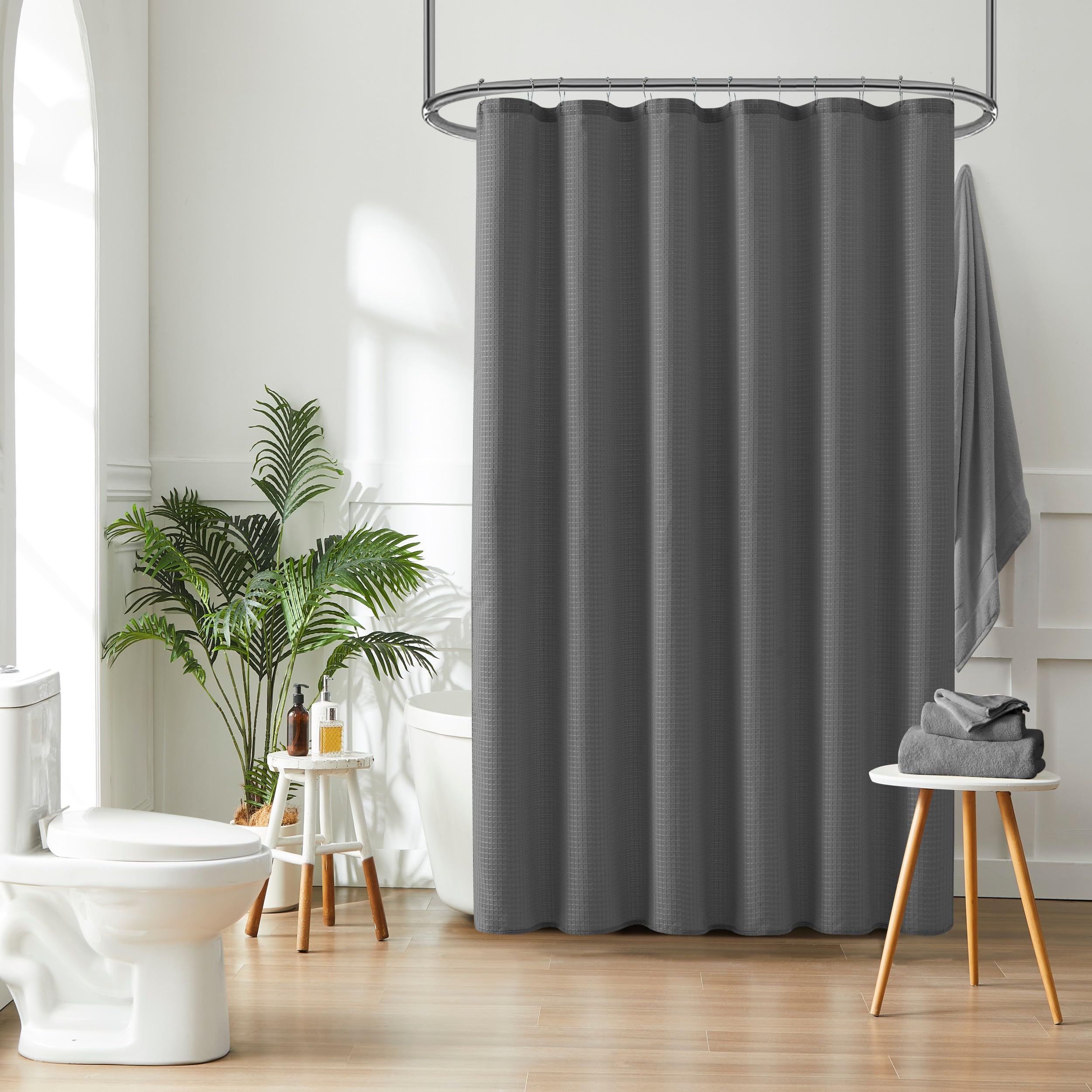 Indecor Home Luxury Waffle Weave Shower Curtain – Elegant Hotel-Style Fabric for Bathroom, Water-Repellent, Machine Washable- Dark Grey Waffle