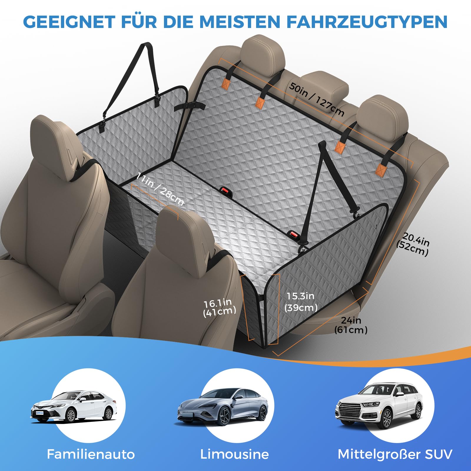 Coprisedile Auto per Cani con Pannello di Fibra Rigido- Più spazio - Impedisce ai Cani di Cadere, Impermeabile, Telo Auto Per Cani, Per Auto Durevole, Telo Auto Per Cani Usato in Tutte le Auto, Grigio