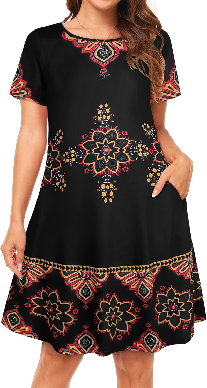 Womens Summer Dresses Beach Casual Loose Tshirt Floral Short Sleeve Flowy Pockets Sundresses - Image 2