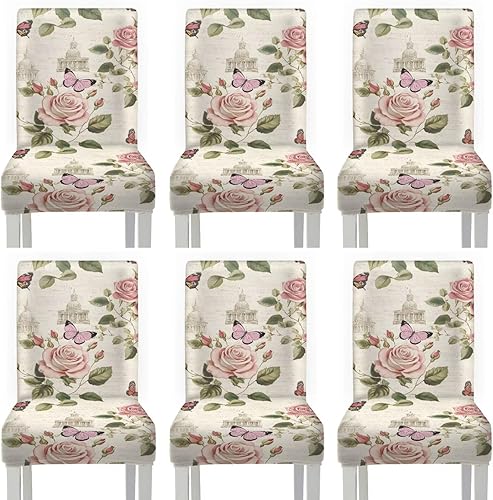 Rnyleeg Red Rose Butterfly Chair Covers for Living Room No Arms Stretch Dining Chair Covers Set of 6 Soft Washable Kitchen Chair Protector Cover