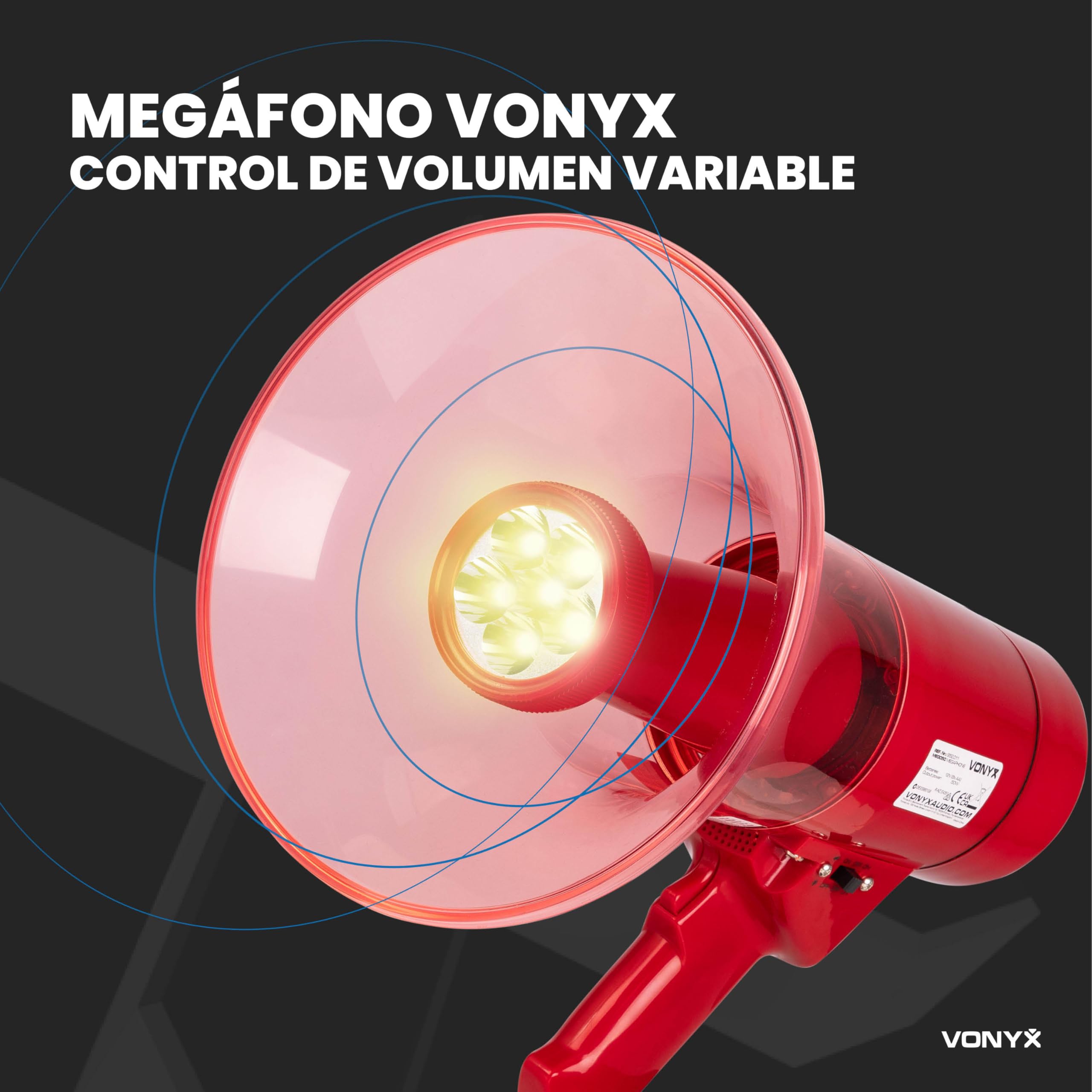 Vonyx MEG050 Megáfono 50W 1000m Alcance Batería Recargable Sirena Micrófono LED Bluetooth MP3 USB SD AUX Rojo