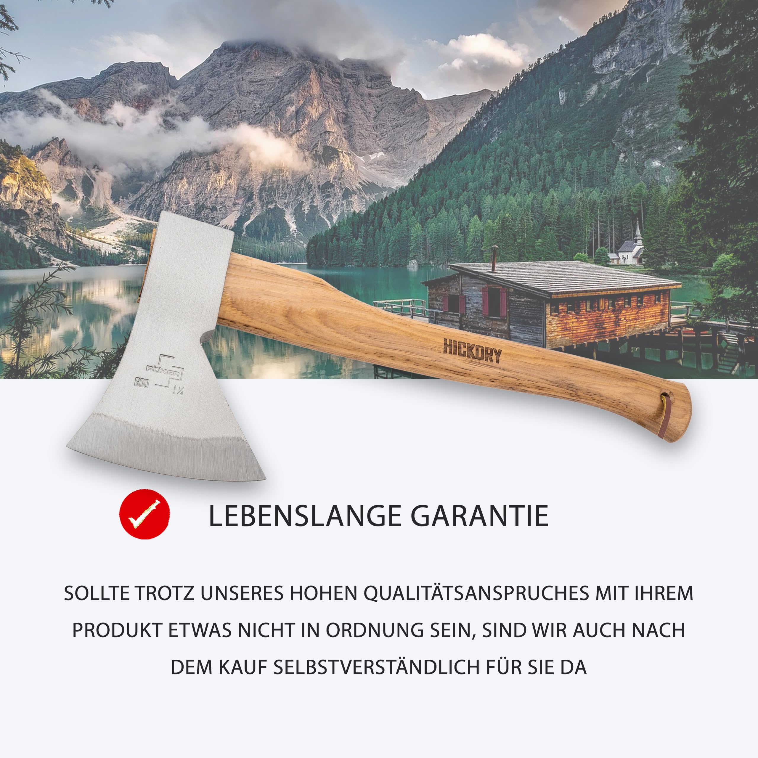 BÖKER PLUS® Appalachian Axe Small - kleine Carbon Axt mit kurzem Hickory-Holz-Stiel - Bushcraft-, Outdoor- & Survival-Axt - Profi Beil mit rheinischem Kopf 600 g aus Kohlenstoff-Stahl 1055