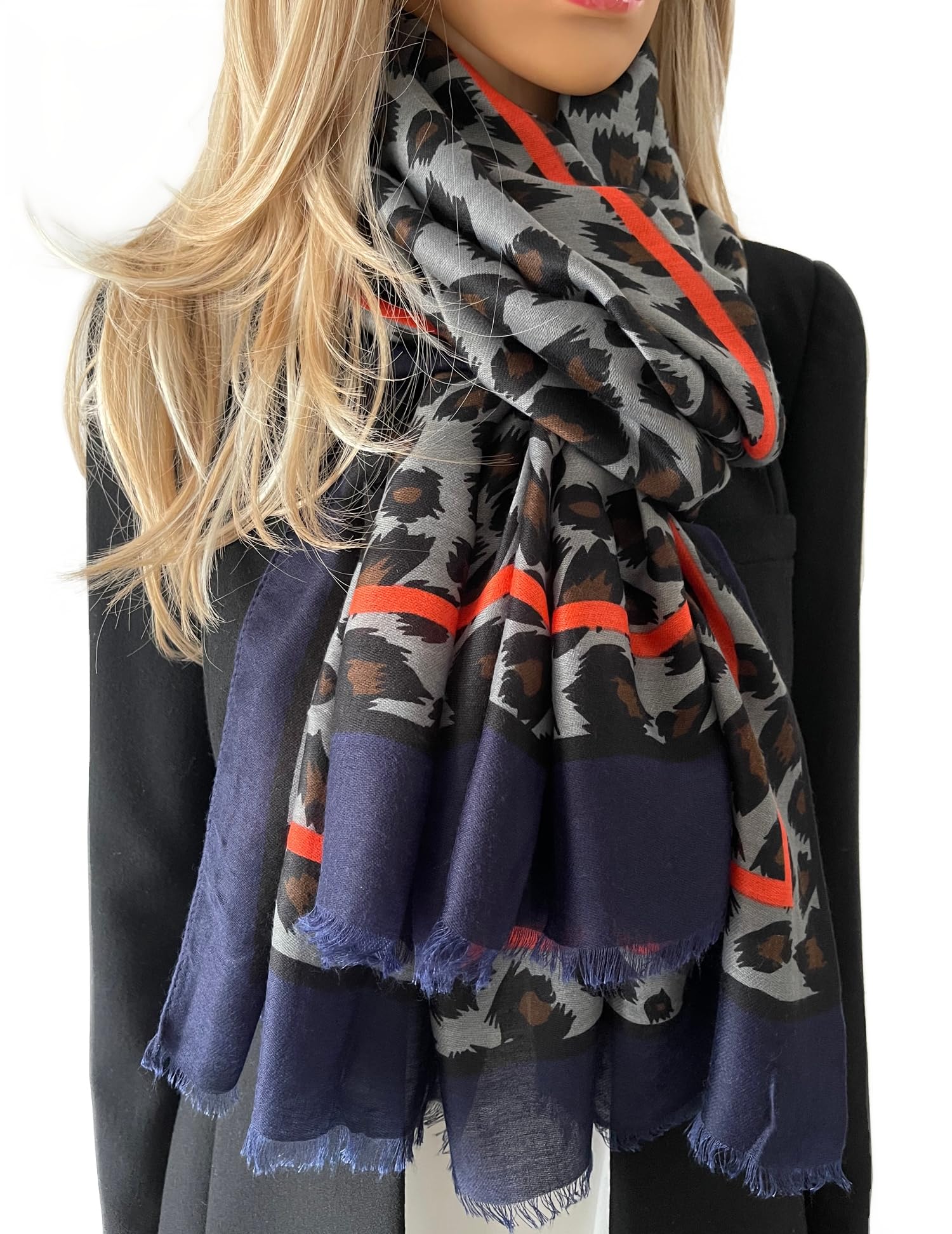 The Accessory Co. Women's Leopard Stripe: Navy Large Snakeskin Scarf For Leopard Print Blocks, Animal Shawl Wrap, Lightweight Scarves, Mustard Yellow Orange Red Teal, Neck Scarf Gift (Leopard Stripe: Navy)