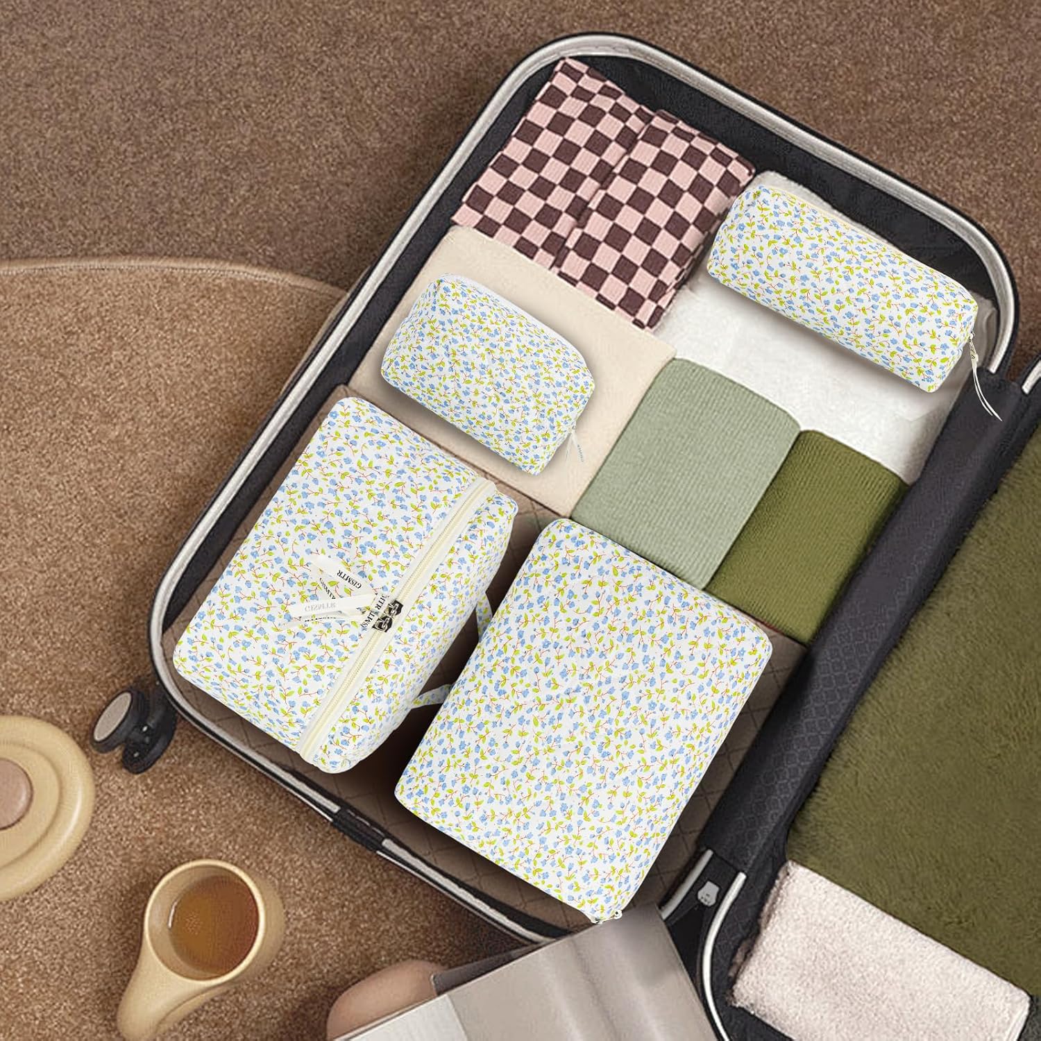 4Pcs Quilted Makeup Bag Set Cute Floral Cosmetic Bag Cotton Coquette Make up Bag Aesthetic Travel Toiletry Bag for Women Girls - Image 6