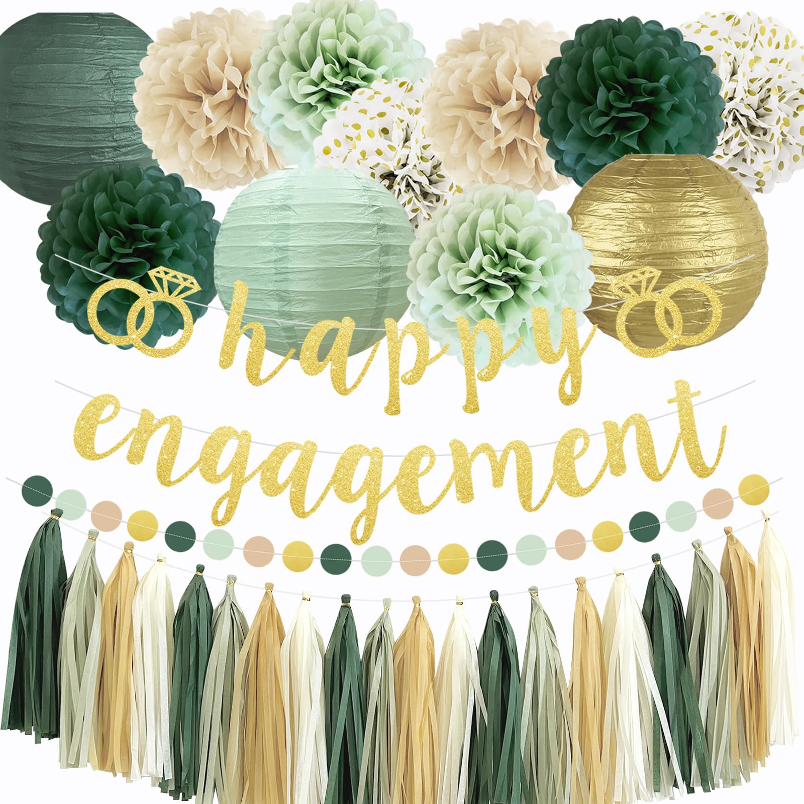 Engagement Party Decoration Set - Happy Banner, Sage Green Tissue Pom Poms, Paper Lanterns, Circle Dot Garland for Couple's Celebration and Bridal Shower