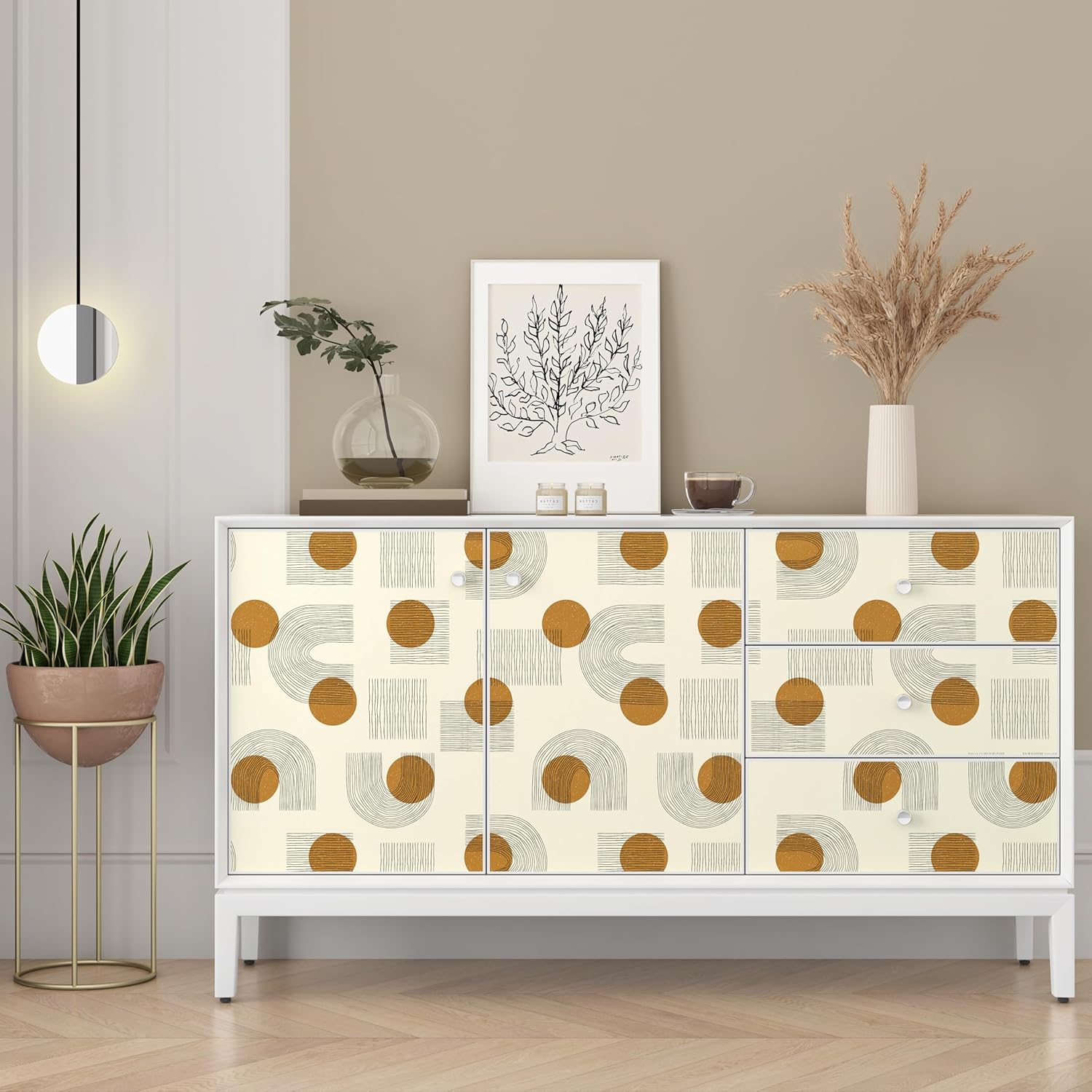 Boho Geometric Wallpaper Peel and Stick Modern 17.5''x102'' Bathroom Bedroom Removable Mid Century Abstract Art Deco Self Adhesive Beige Minimalist Arch Decorative Contact Paper for Cabinets