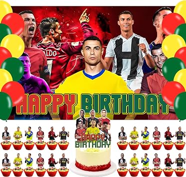 Ronaldo Soccer Birthday Party Decorations Football Star Banner Cake Topper Ballons Sports Theme Party Decorations for Boys Indoor Outdoor Birthday Party Supplies Backdrop 5*3FT