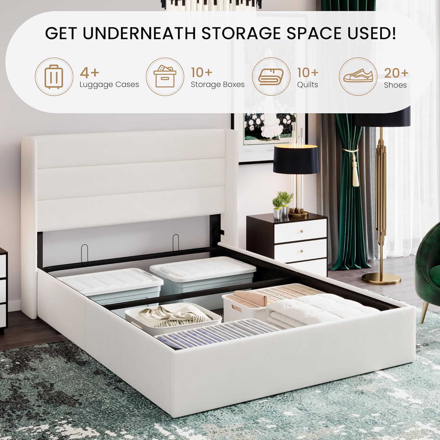SHA CERLIN Queen Size Lift Up Storage Bed/Velvet Upholstered/Modern Wingback Headboard/Upholstered Platform Bed Frame/Hydraulic Storage/No Box Spring Needed/White