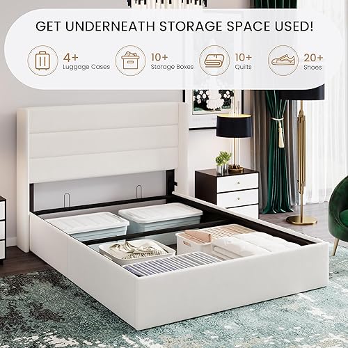 Miniatura 41 de SHA CERLIN Cama de Almacenamiento Elevable Tamaño King/Tapizada en Terciopelo/Cabecera Moderna con Respaldo de Ala/Marco de Cama Plataforma