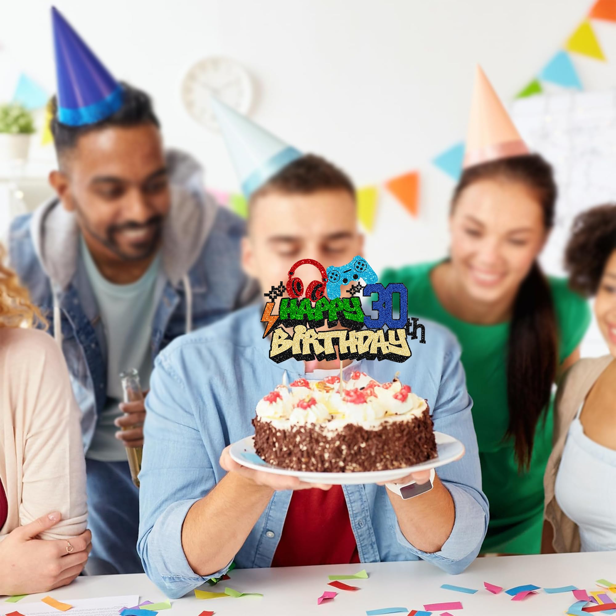 Gyufise 1Pcs Happy 30th Birthday Cake Topper Glitter Video Game Cake Pick Game On Controllers Eighteen Cheers to 18 Years Cake Decoration for Game Theme Happy 30th Birthday Party Supplies 4
