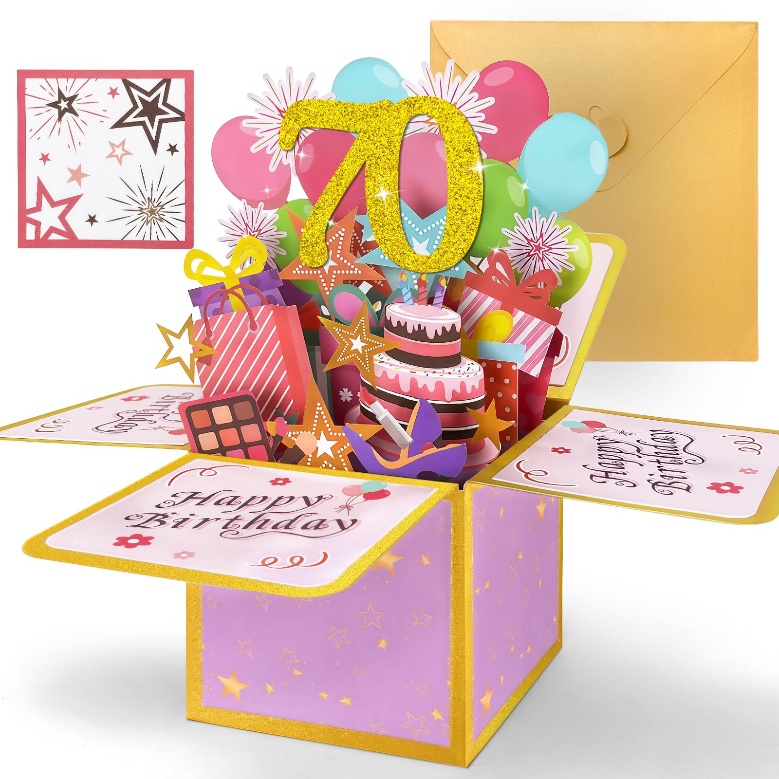 Hierein 70th Birthday Card for Women, Pink Pop Up 70th Birthday Card, Special 70th Birthday Gifts, 3D Sweet Popup Gift Box Greeting Cards for Mum Grandma Wife Sister Auntie Female Her Gift Decoration