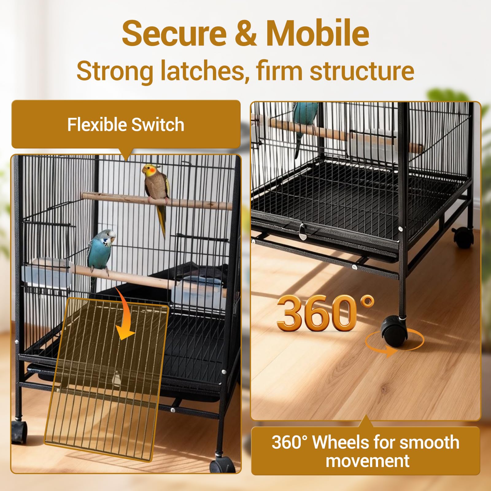 Garvee Jaula para Pájaros Grande de Hierro Forjado con Soporte y Ruedas – Pajarera Espaciosa para Loros, Periquitos y Ninfas – Incluye Bandeja Extraíble, Perchas de Madera y Comederos 85 x 57 x 45 cm