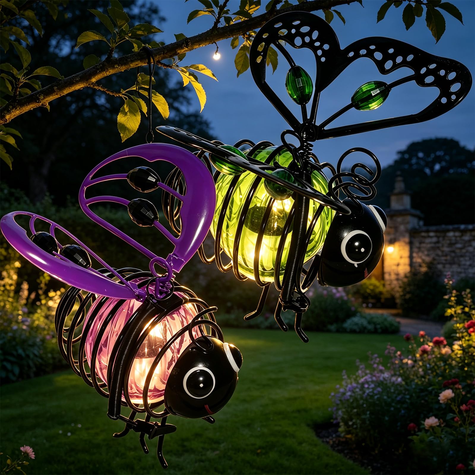 Solar Powered Hanging Bee Garden Light Outdoor, Metal Waterproof Garden Lantern, Auto-On Led Fairy Decor for Patio Yard Pathway (2pcs-e)