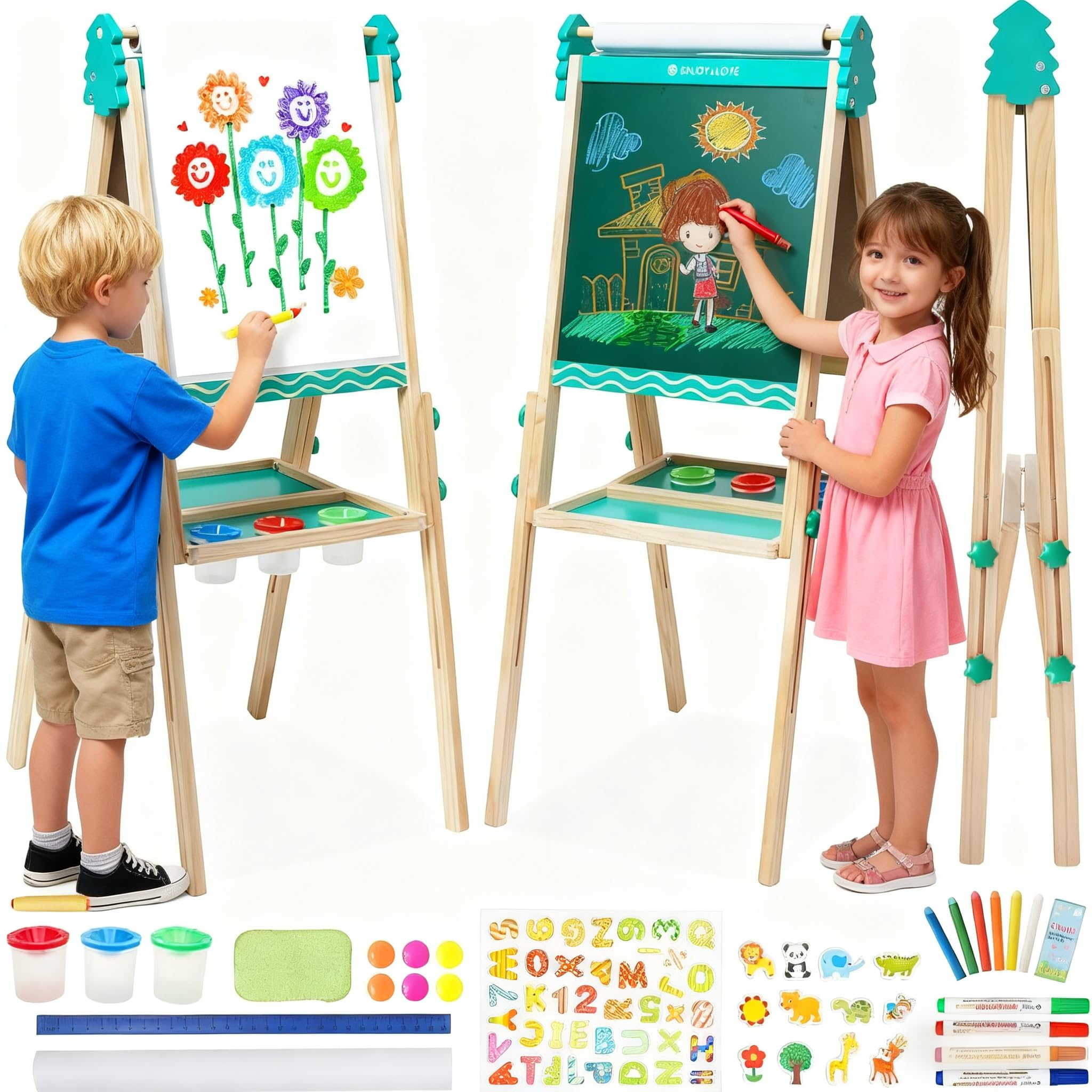 Lavagna per bambini, Lavagna con Cavalletto Bambini in legno, Disegno dell'arco regolabile in altezza, per bambini, con Rotolo di carta Giocattoli Educativi 3+ Anni (Blu)