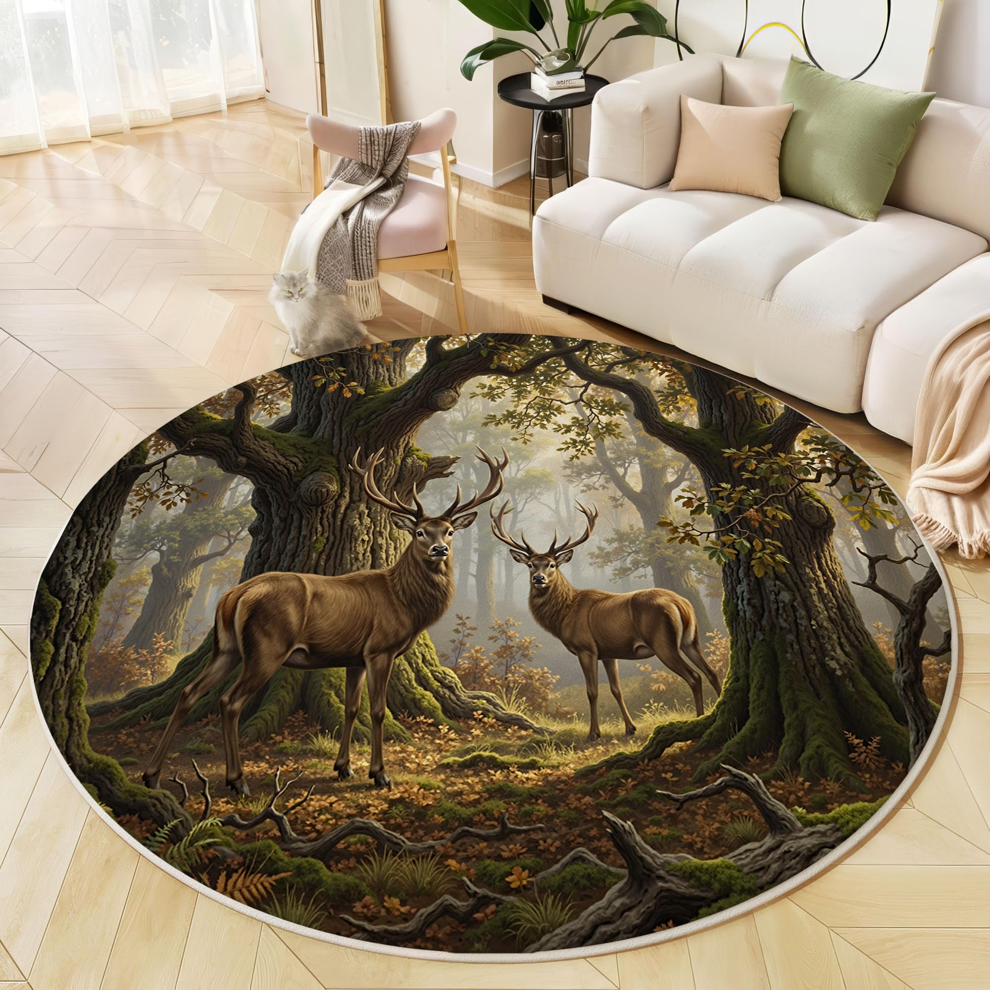 Paysage Animalier Forestier Tapis Rond Lavable 160 Cm | Tapis Intérieur Antidérapant, Soleil Cerfs Prairie Poil Ras Facile À Nettoyer Pour Entrée Cuisine, Vert Olive