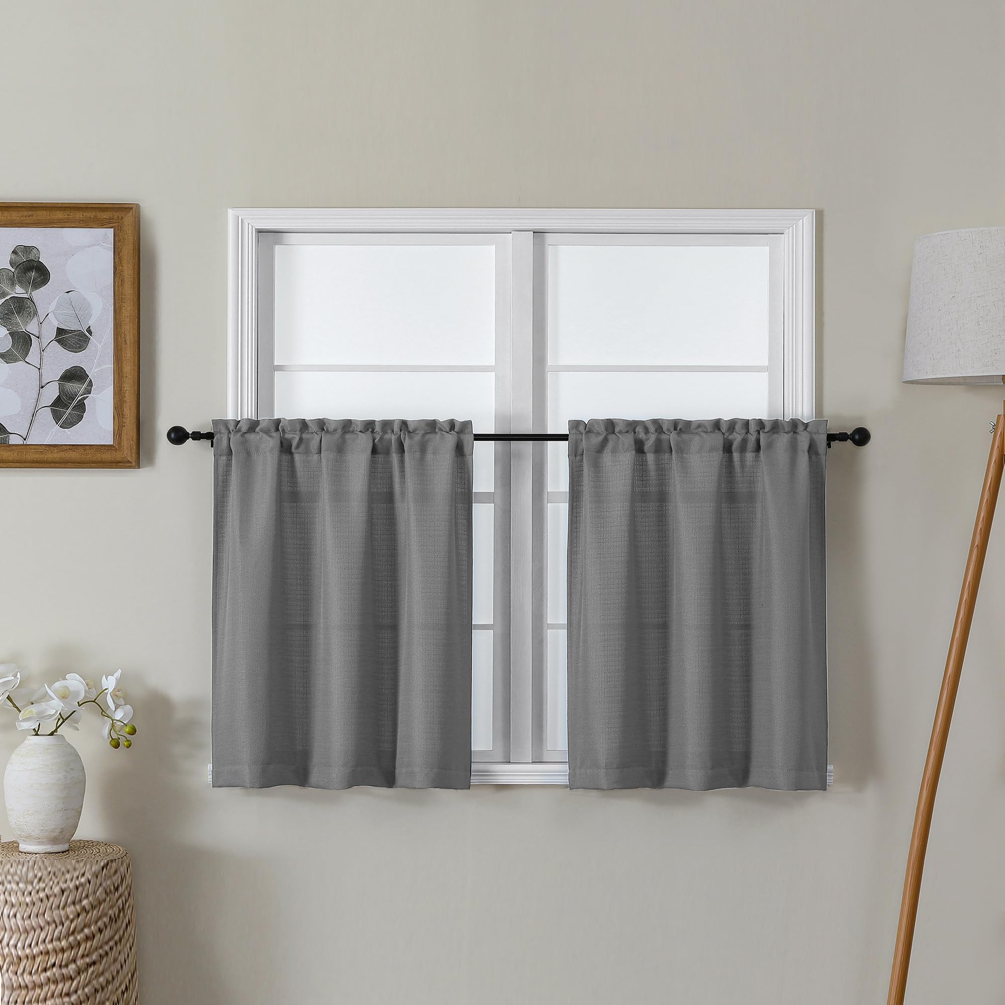 Lecloud Bessie Dark Grey Kitchen Curtains 24 Inch Length 2 Pcs, Faux Linen Textured Short Curtains for Small Windows, Light Filtering Tiers Window Treatments for Bedroom Bathroom, Each 30 W x 24 L