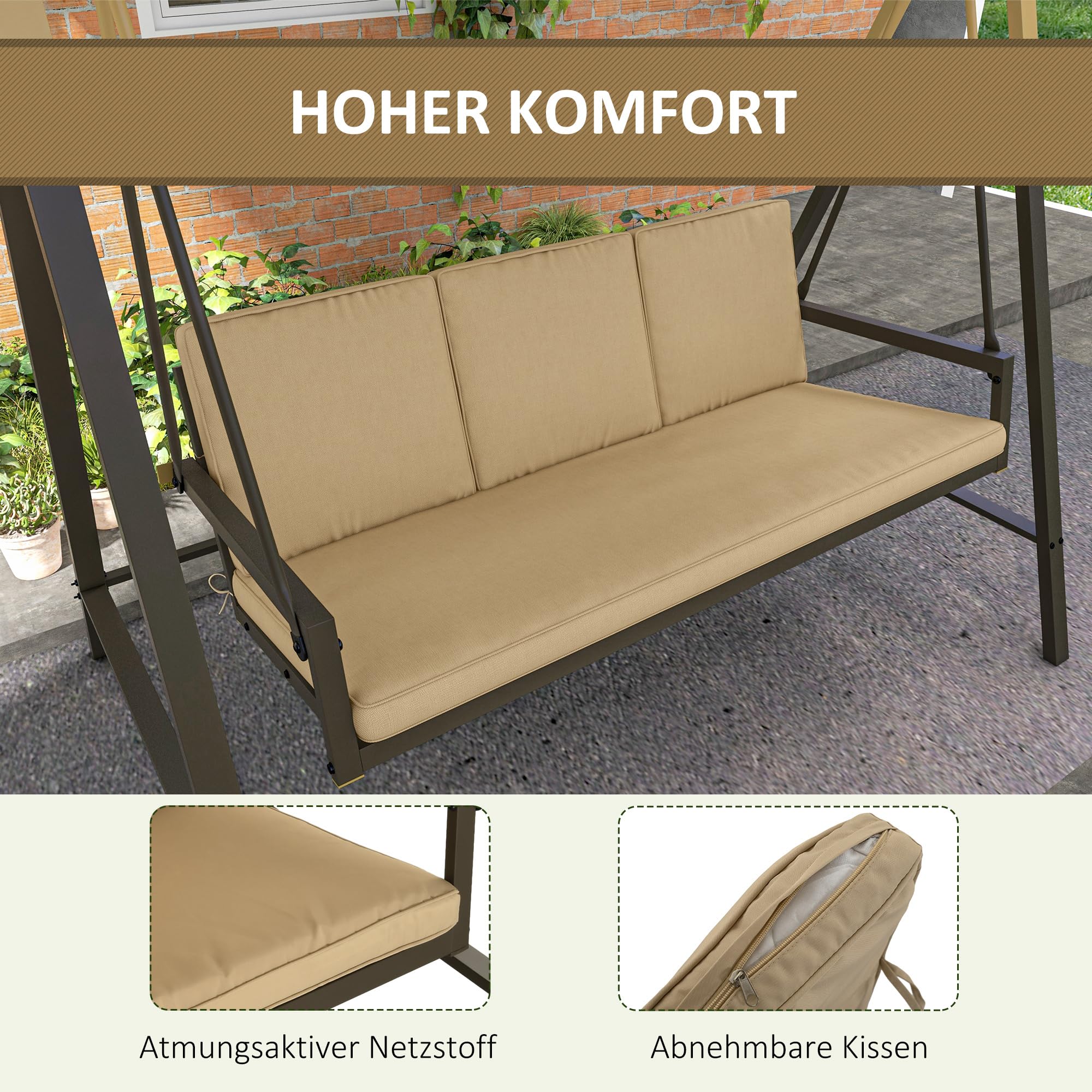 Outsunny Hollywood swing Panca per altalena a 3 posti con tetto regolabile, panca per altalena con cuscini per lo schienale, altalena da giardino con portata fino a 360 kg, beige, 200 x 125 x 175 cm