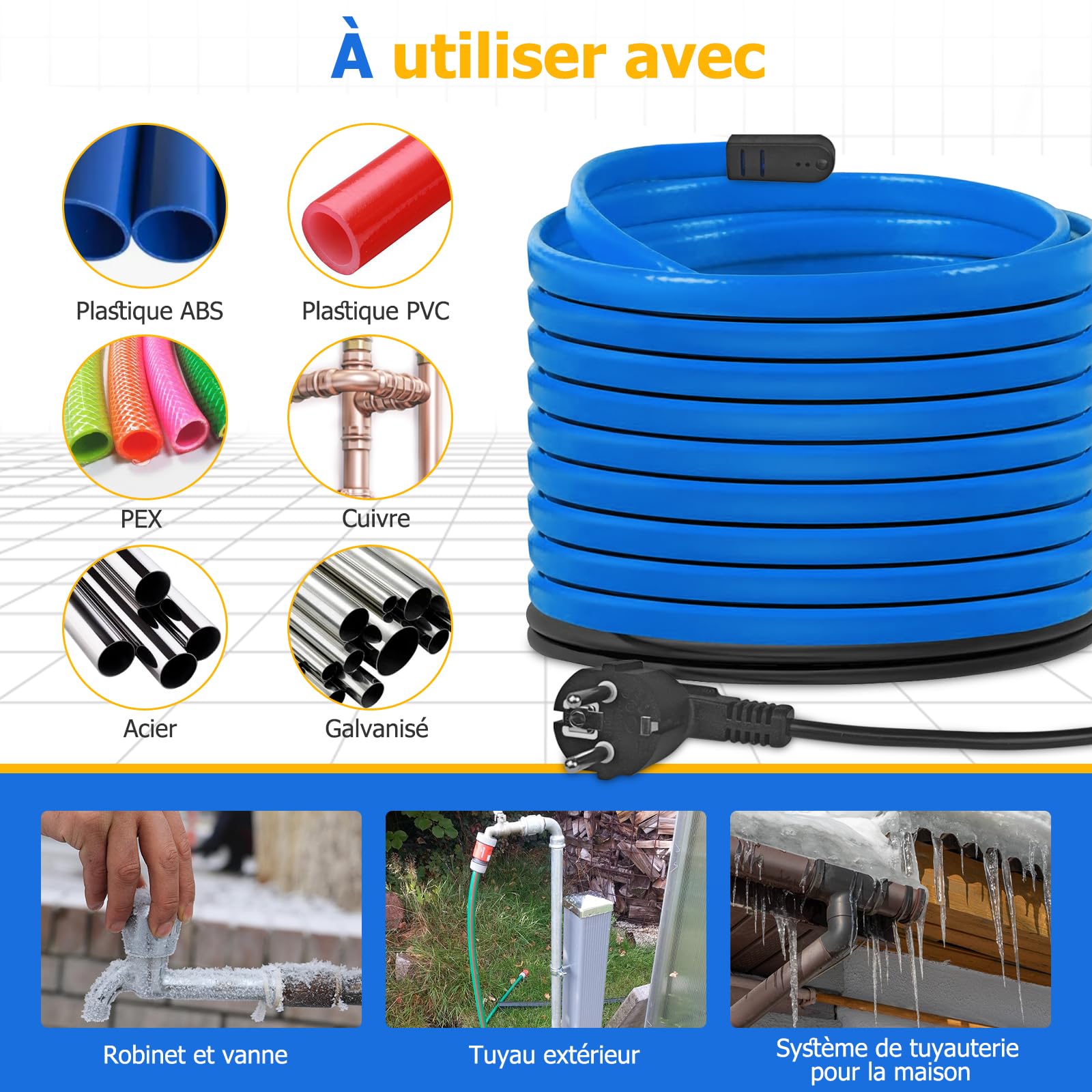 Câble Chauffant Antigel Autorégulant avec Thermostat, 4 Mètres