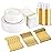 bUCLA 350PCS White and Gold Plastic Plates - Gold Disposable Dinnerware for Include 50 Dinner/Dessert Plates, 50 Forks, 50 Knives, 50 Spoons, 50 Cups & 50 Napkins for Party & Thanksgiving