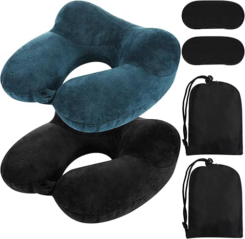 Paquete de 2 almohadas inflables de viaje para aviones, almohadas inflables para el cuello con bolsa compacta y almohada de vuelo suave para viajes,