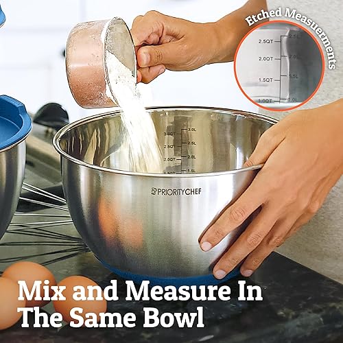 Miniatura 33 de PriorityChef Juego de 5 recipientes para mezclar con tapa, gran capacidad de 5 qt, de acero inoxidable, parte inferior de silicona antideslizante