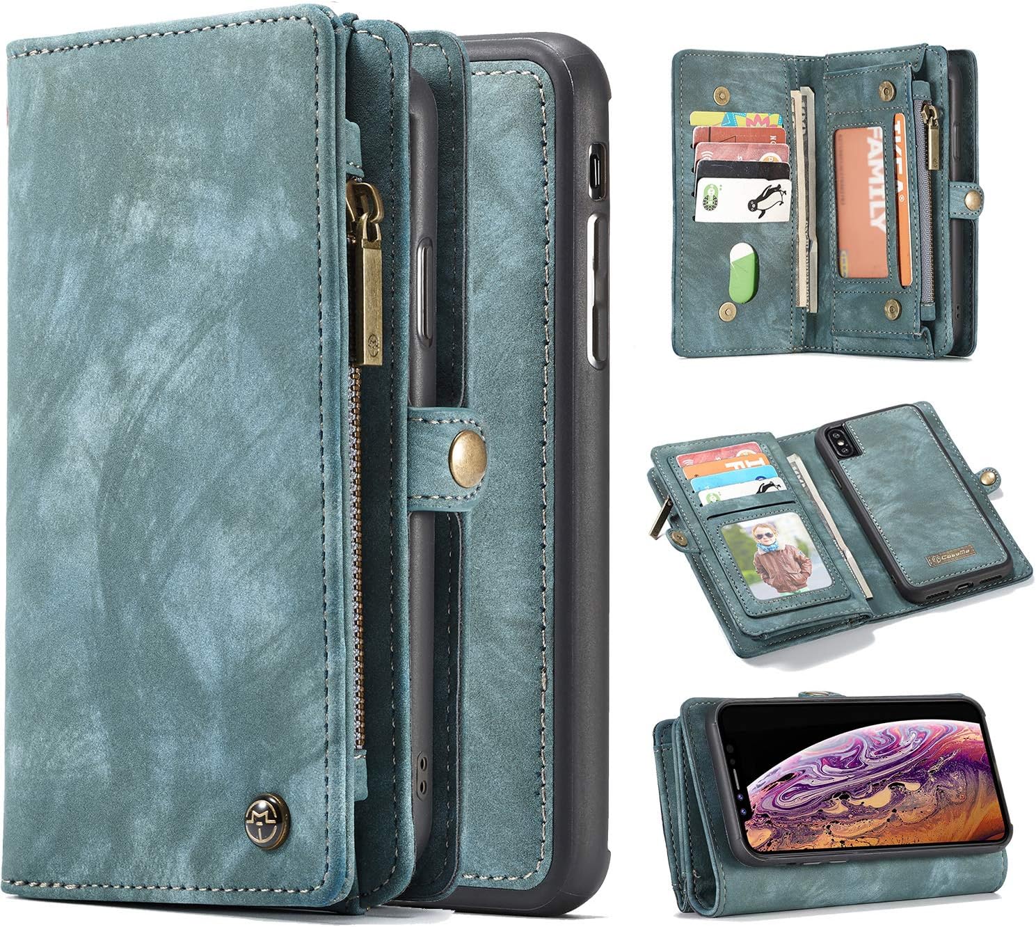 Wееklу Tор Sаlе iPhone Xs Max Case, Harsel 11 Card Slots [Magnetic Closure] Detachable Vintage Leather Wallet Purse Case with Zipper Pocket Removable Protective Hard PC Cover for Apple iPhone Xs Max (Green)