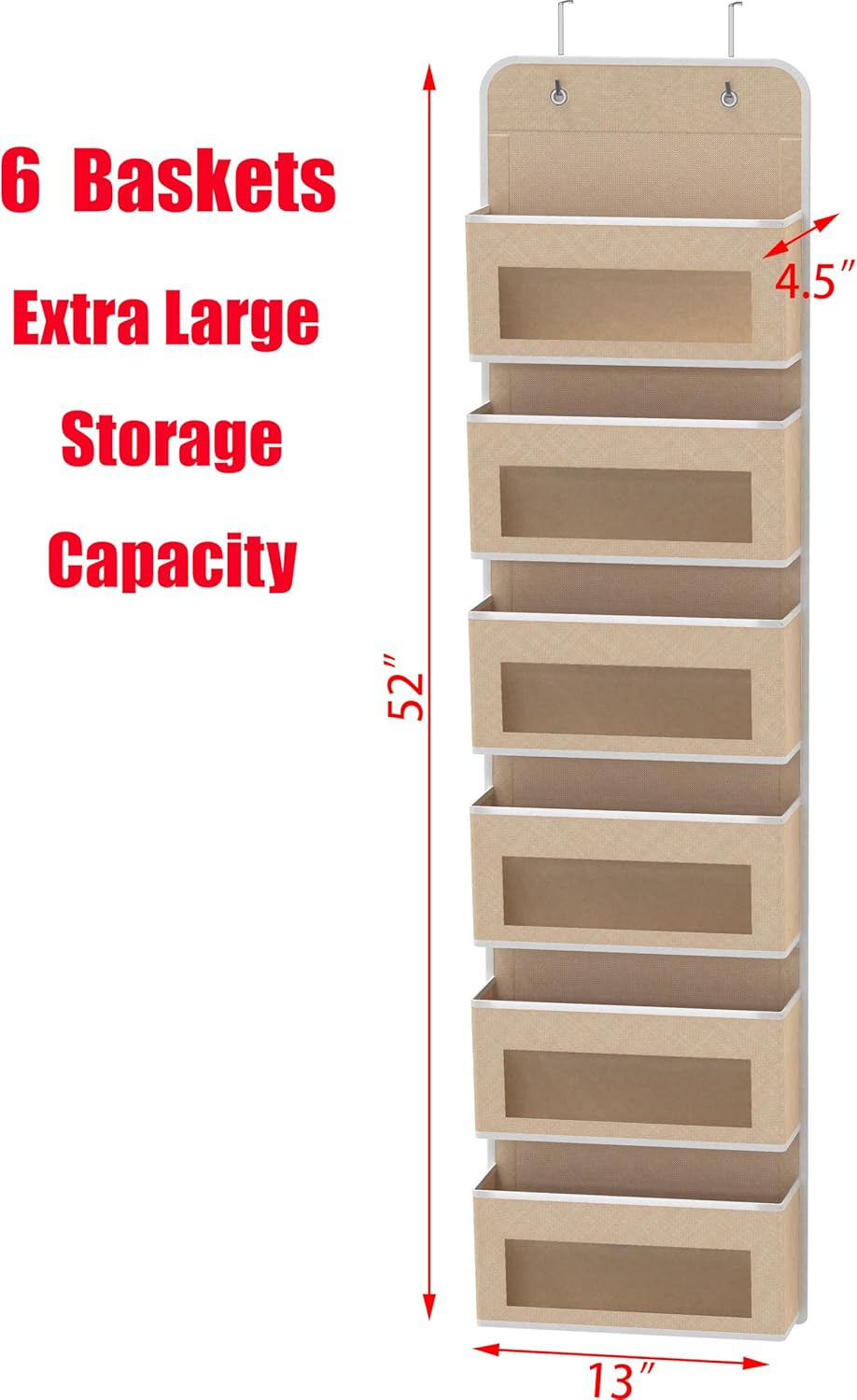 Simple Houseware 6 Clear Window Pocket Over Closet Door Storage Hanging Organizer for Bedroom, Bathroom, Pantry, Beige - Image 2